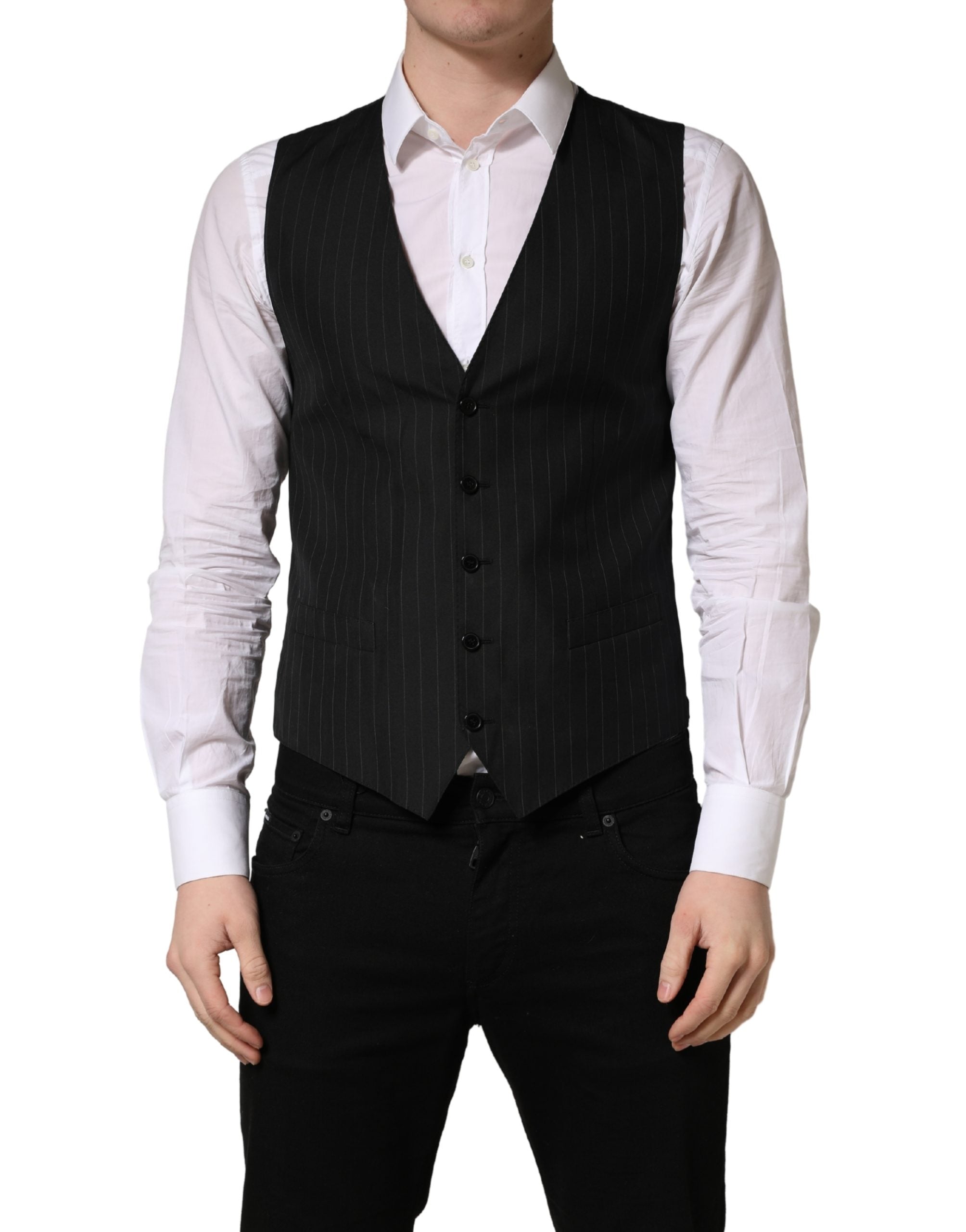 Dolce & Gabbana Black Stripe Single Breasted Waistcoat Vest Dolce & Gabbana