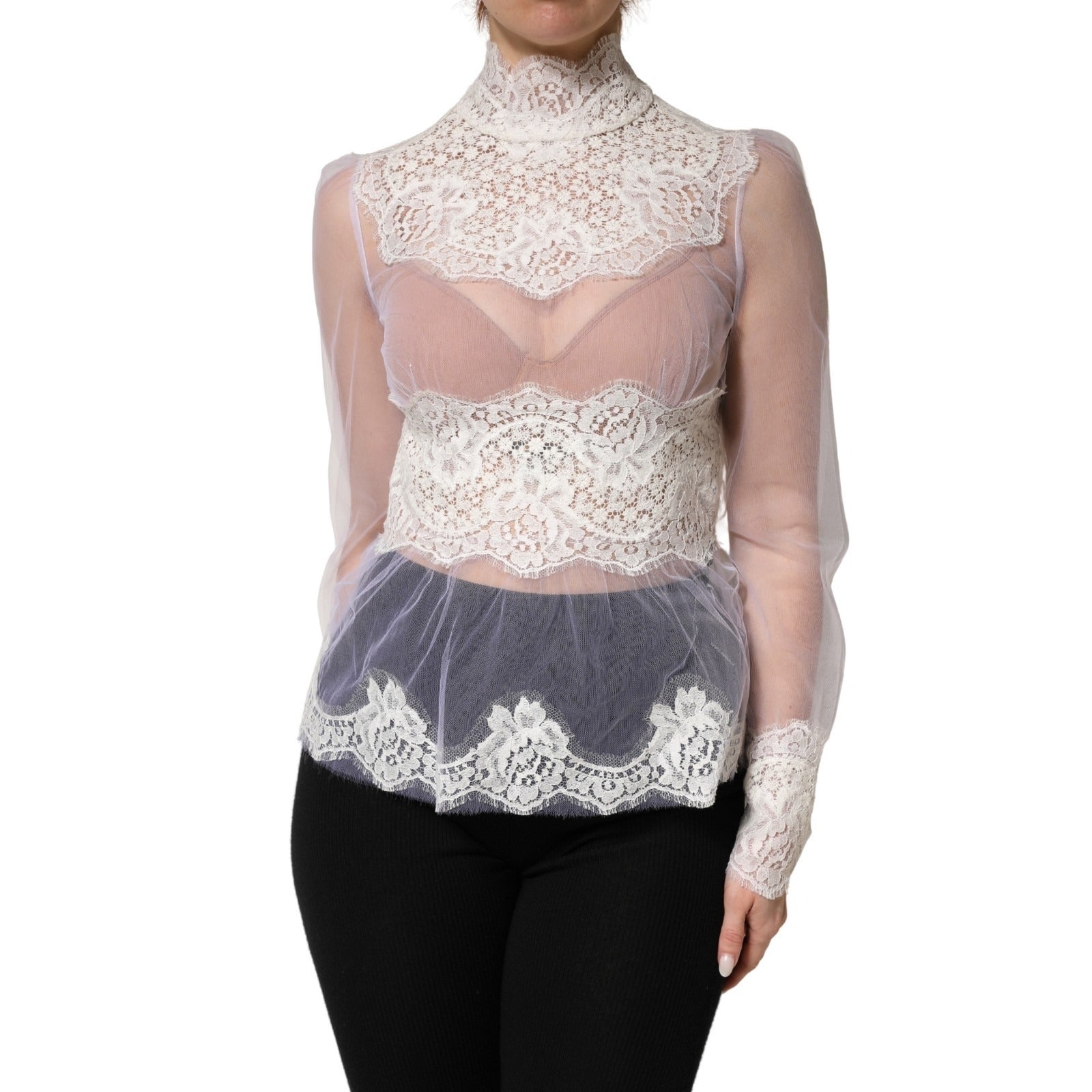 Dolce & Gabbana White Nylon Lace Tulle Sheer Long Sleeve Top Dolce & Gabbana