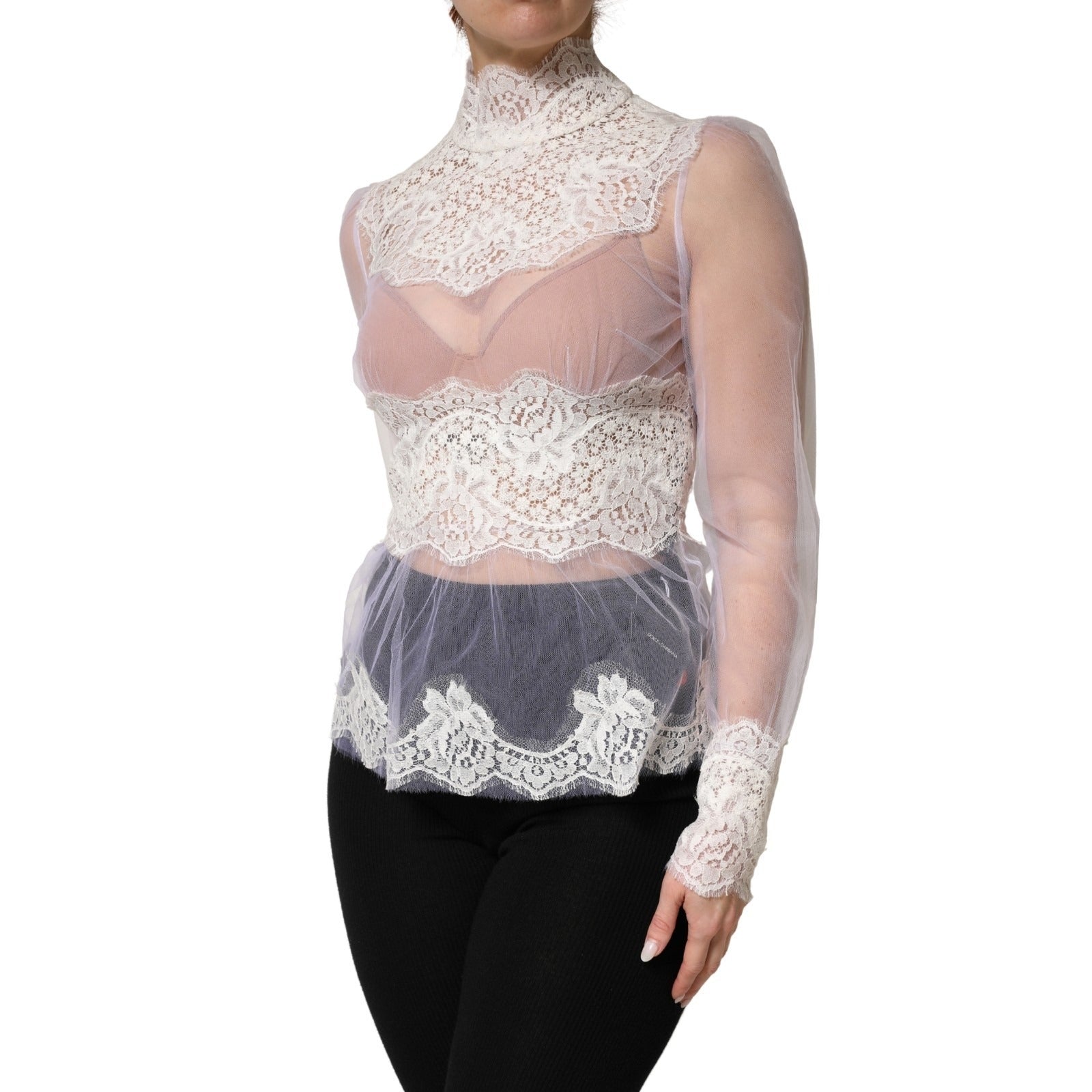 Dolce & Gabbana White Nylon Lace Tulle Sheer Long Sleeve Top Dolce & Gabbana