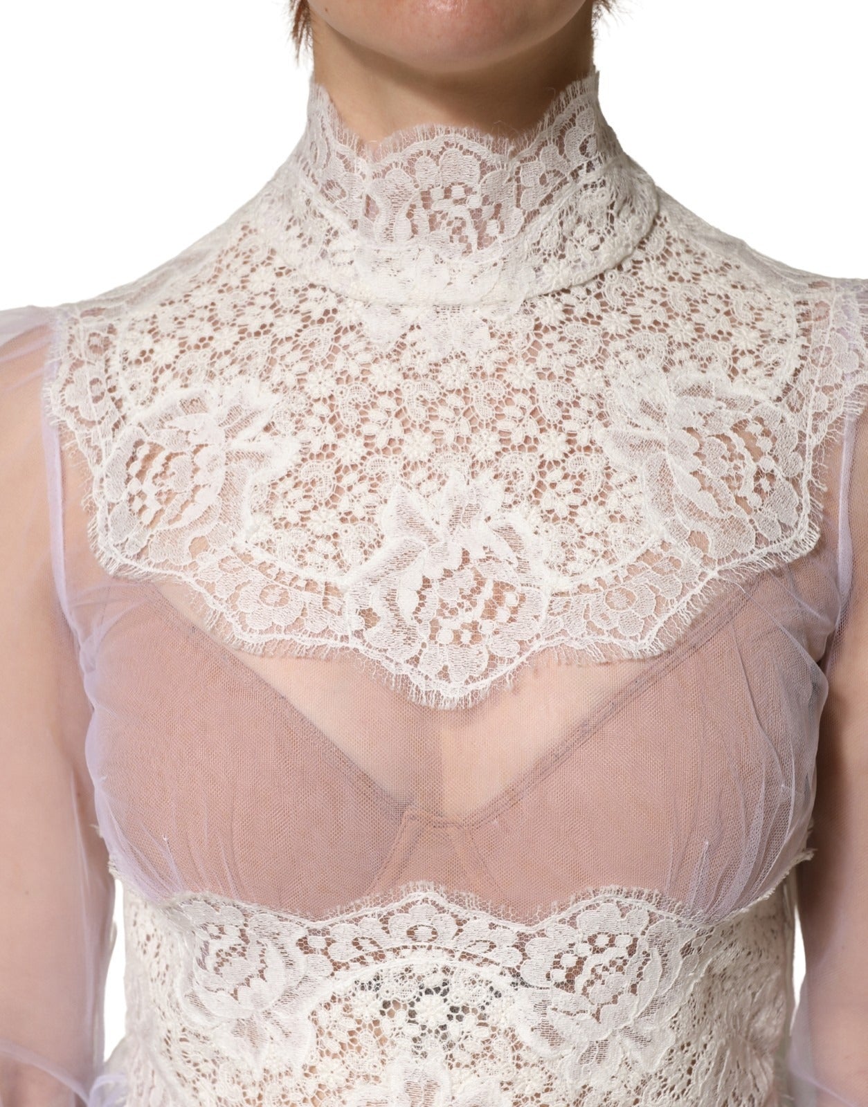 Dolce & Gabbana White Nylon Lace Tulle Sheer Long Sleeve Top Dolce & Gabbana