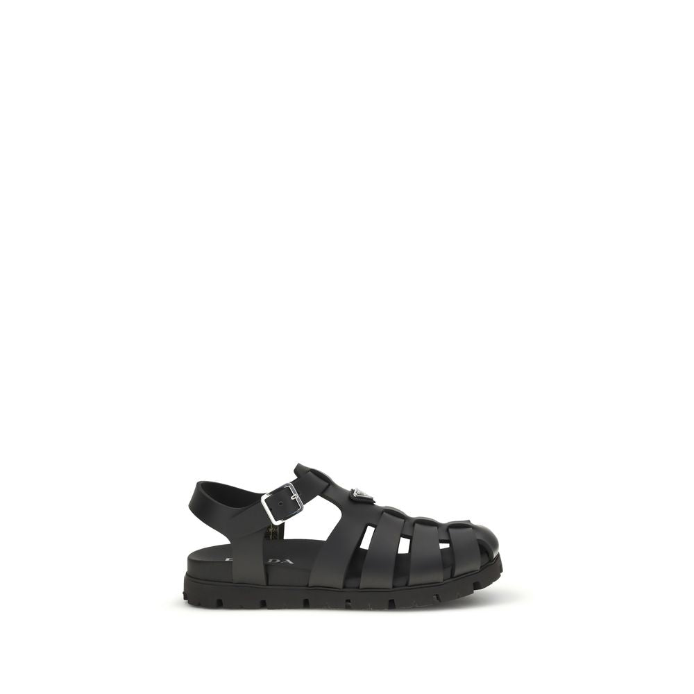 Prada Black Calf Leather Bos Taurus Flat Sandals Prada