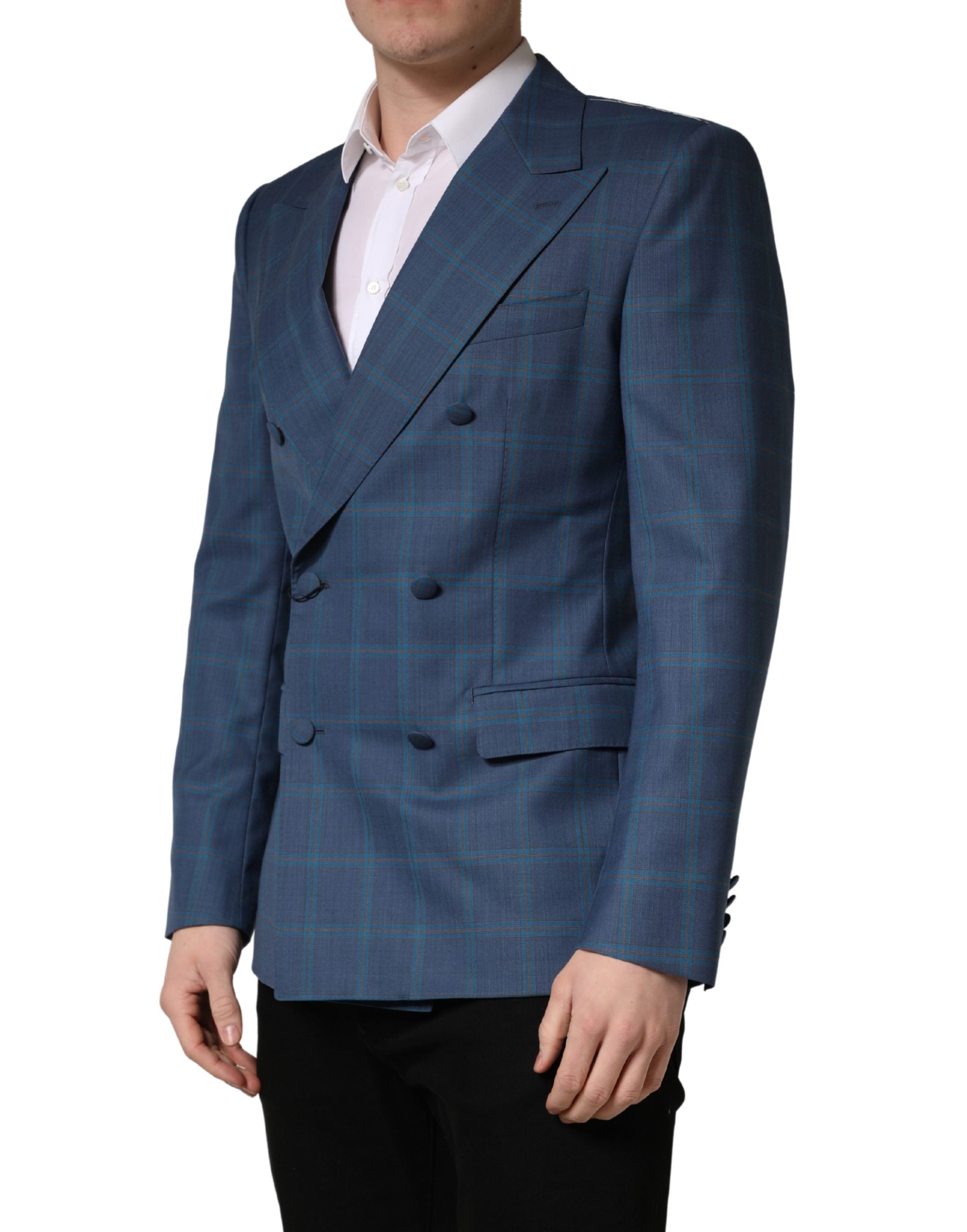 Dolce & Gabbana Blue Checked Double Breasted Men Suit Jacket Dolce & Gabbana