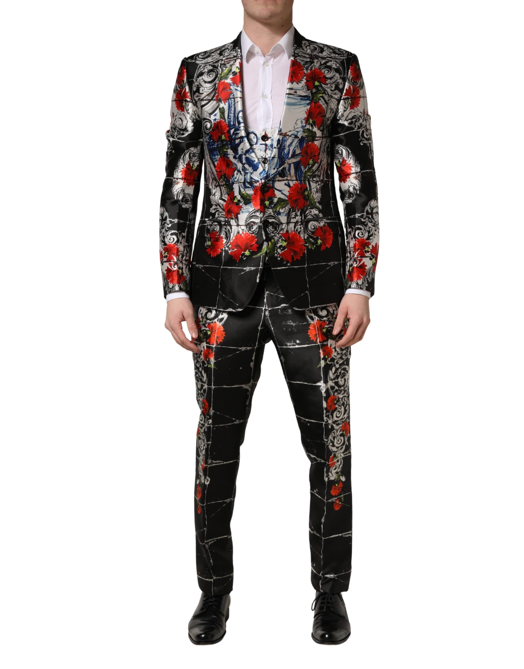 Dolce & Gabbana Black Floral 2 Buttons Formal 3 Piece Suit Dolce & Gabbana