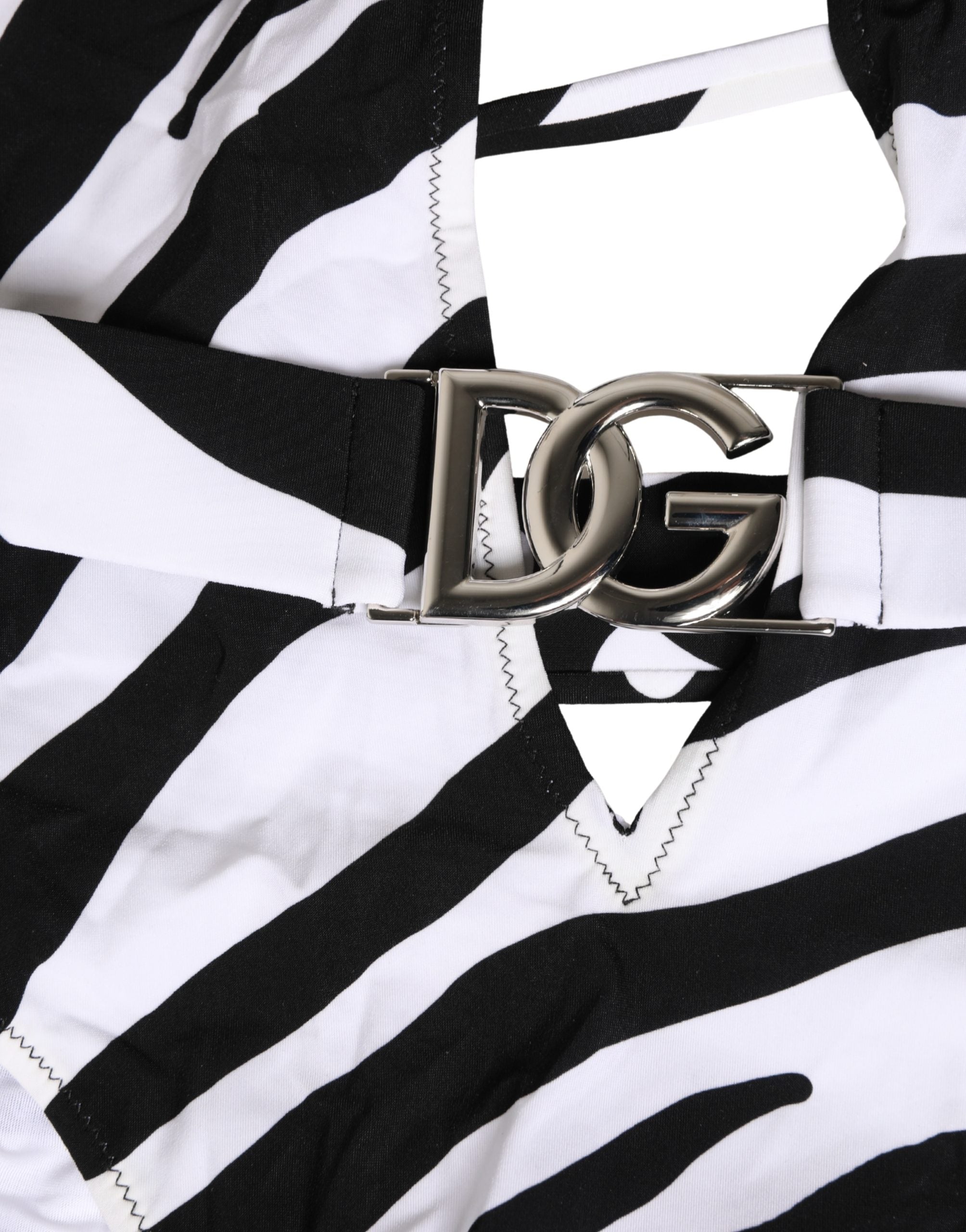 Dolce & Gabbana Black White Zebra Deep V-Neck One Piece Swimwear Dolce & Gabbana