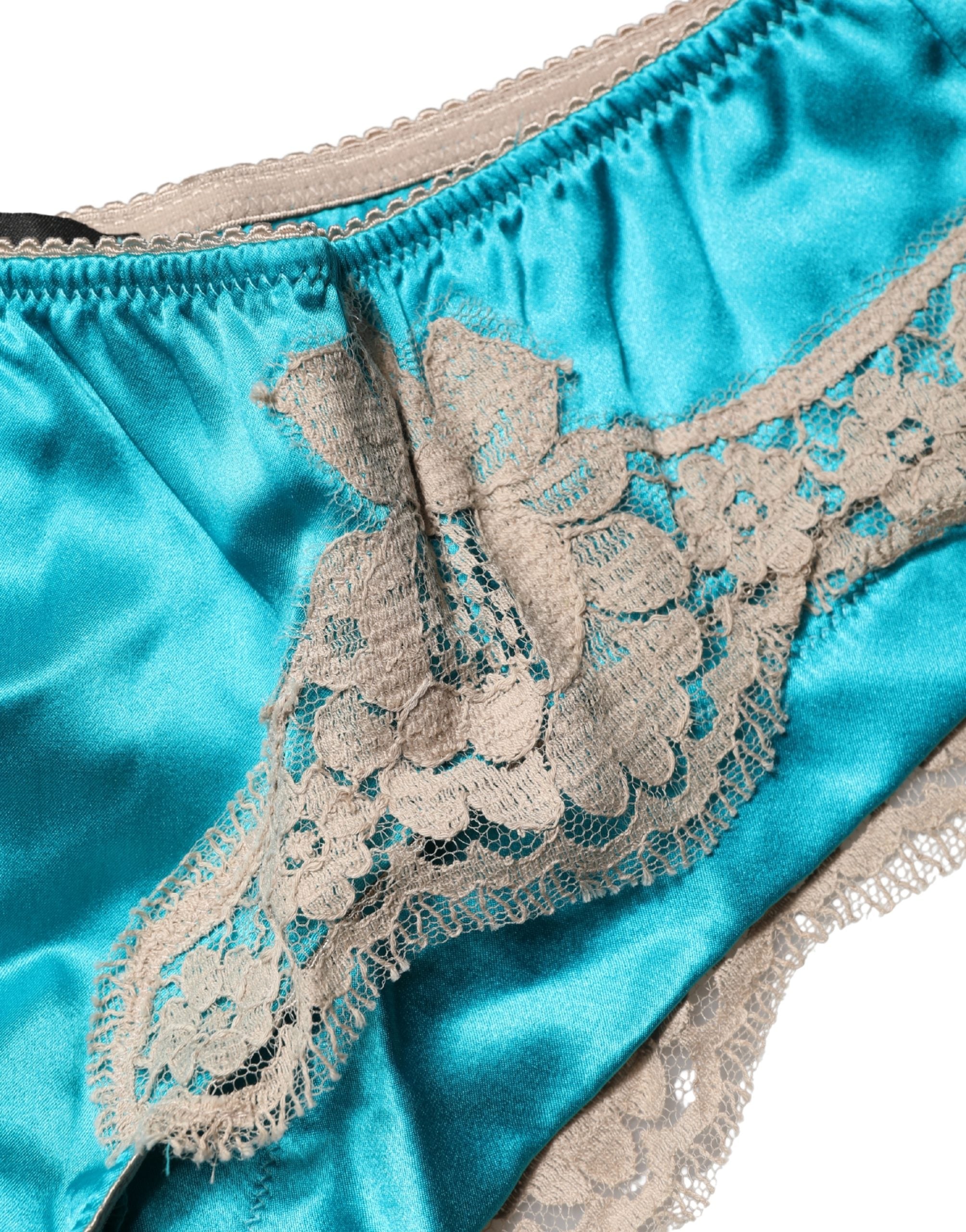 Dolce & Gabbana Blue Silk Satin Floral Lace Panty Brief Underwear Dolce & Gabbana