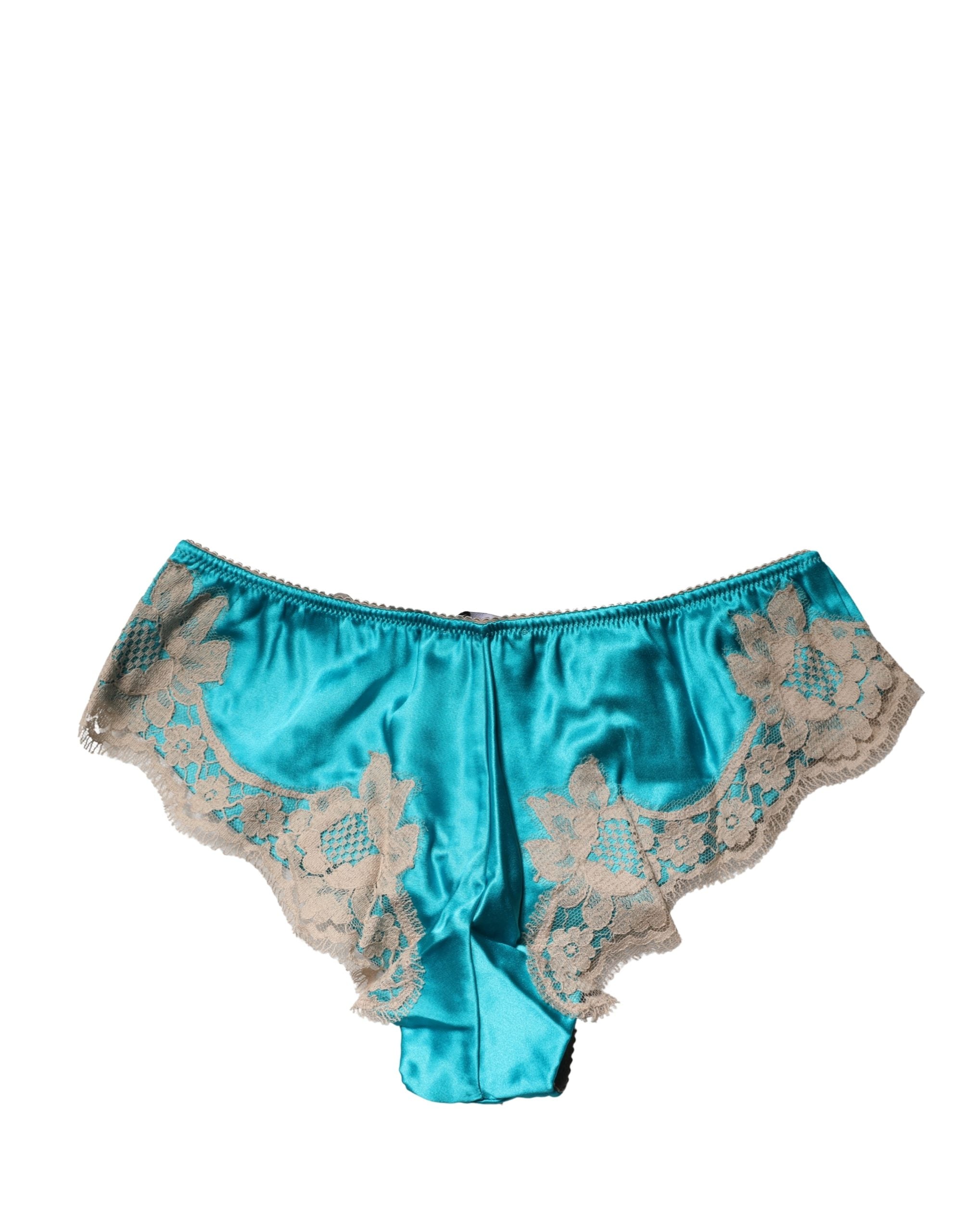 Dolce & Gabbana Blue Silk Satin Floral Lace Panty Brief Underwear Dolce & Gabbana