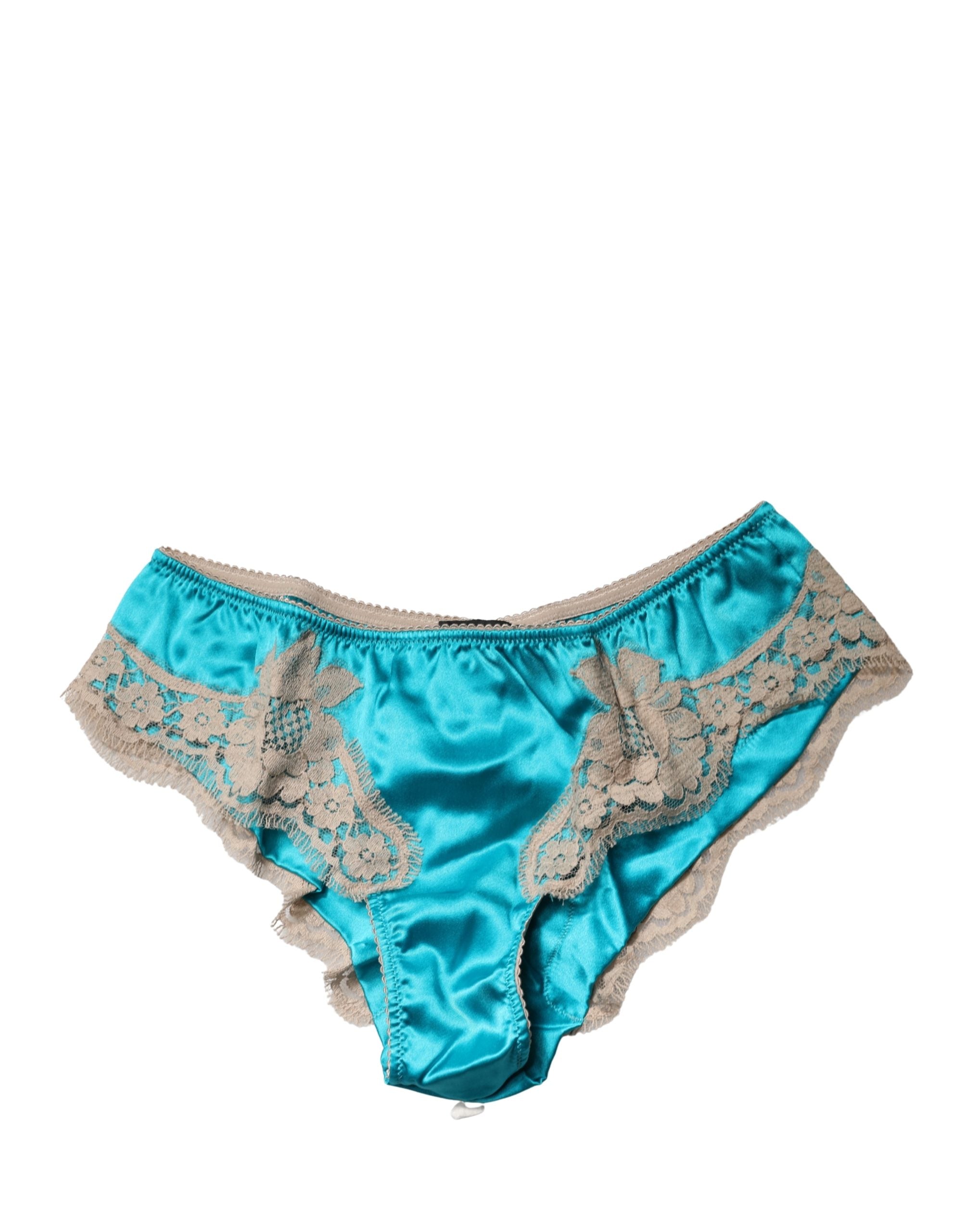 Dolce & Gabbana Blue Silk Satin Floral Lace Panty Brief Underwear Dolce & Gabbana