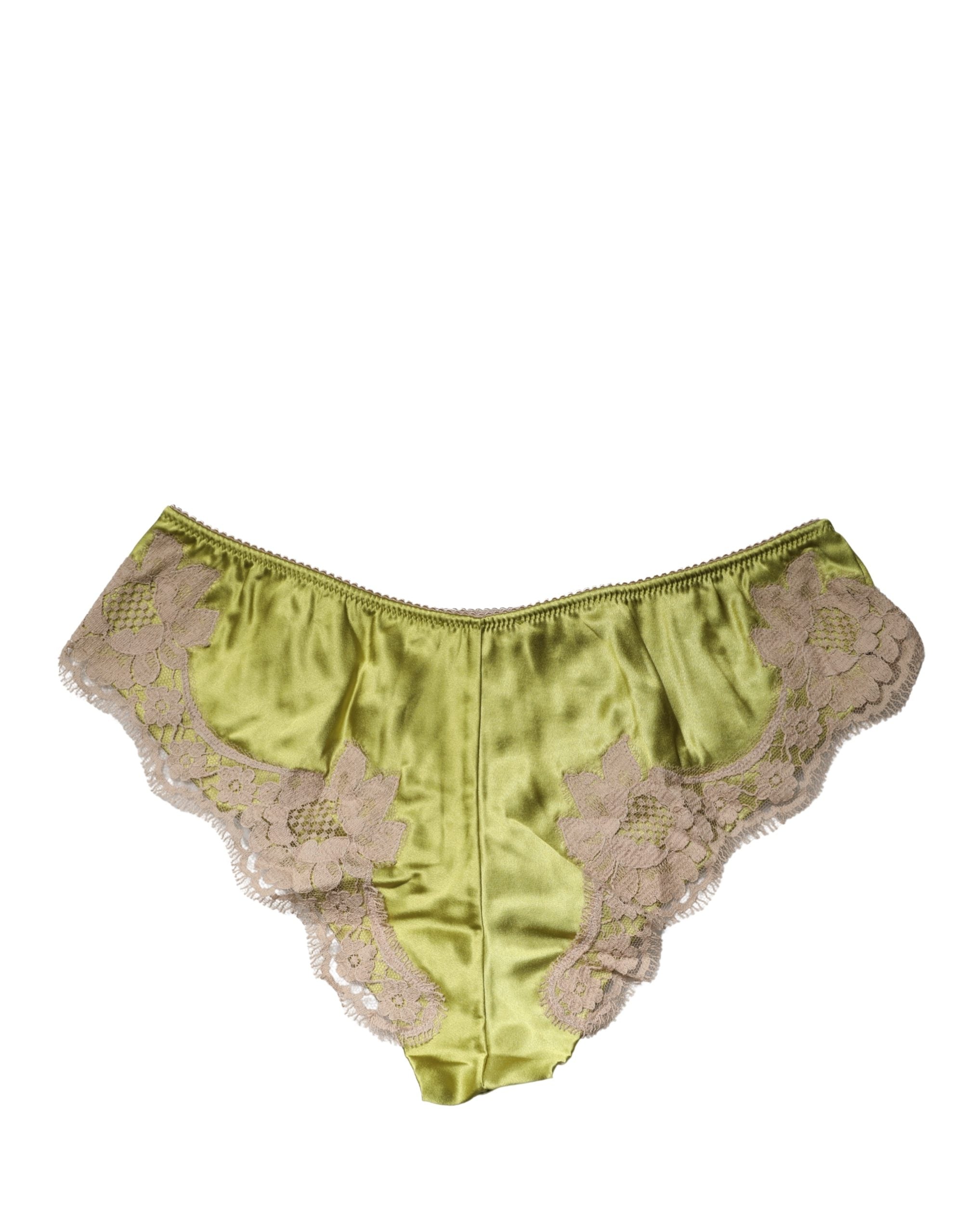 Dolce & Gabbana Underwear Green Silk Satin Floral Lace Panty Brief Dolce & Gabbana