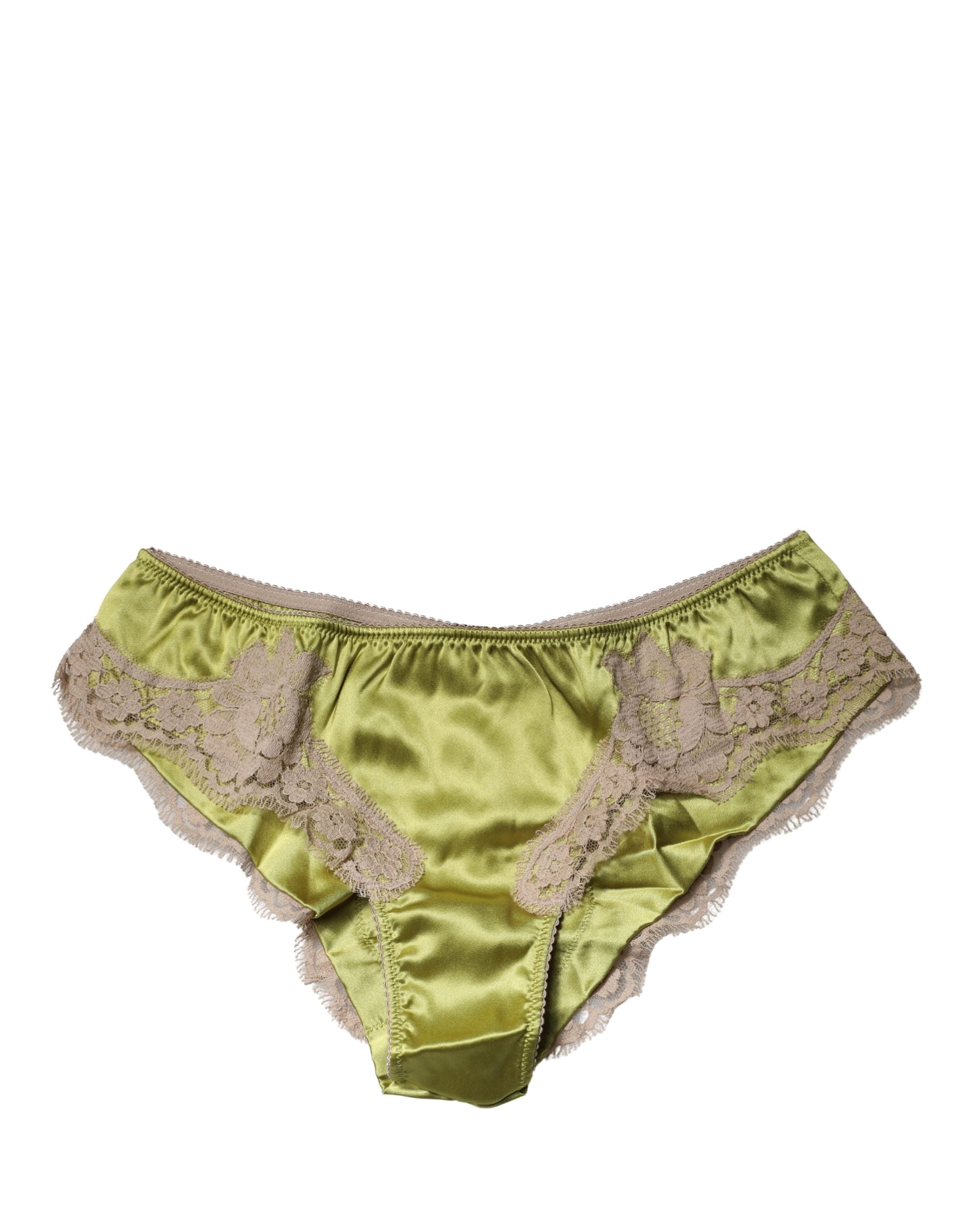 Dolce & Gabbana Underwear Green Silk Satin Floral Lace Panty Brief Dolce & Gabbana