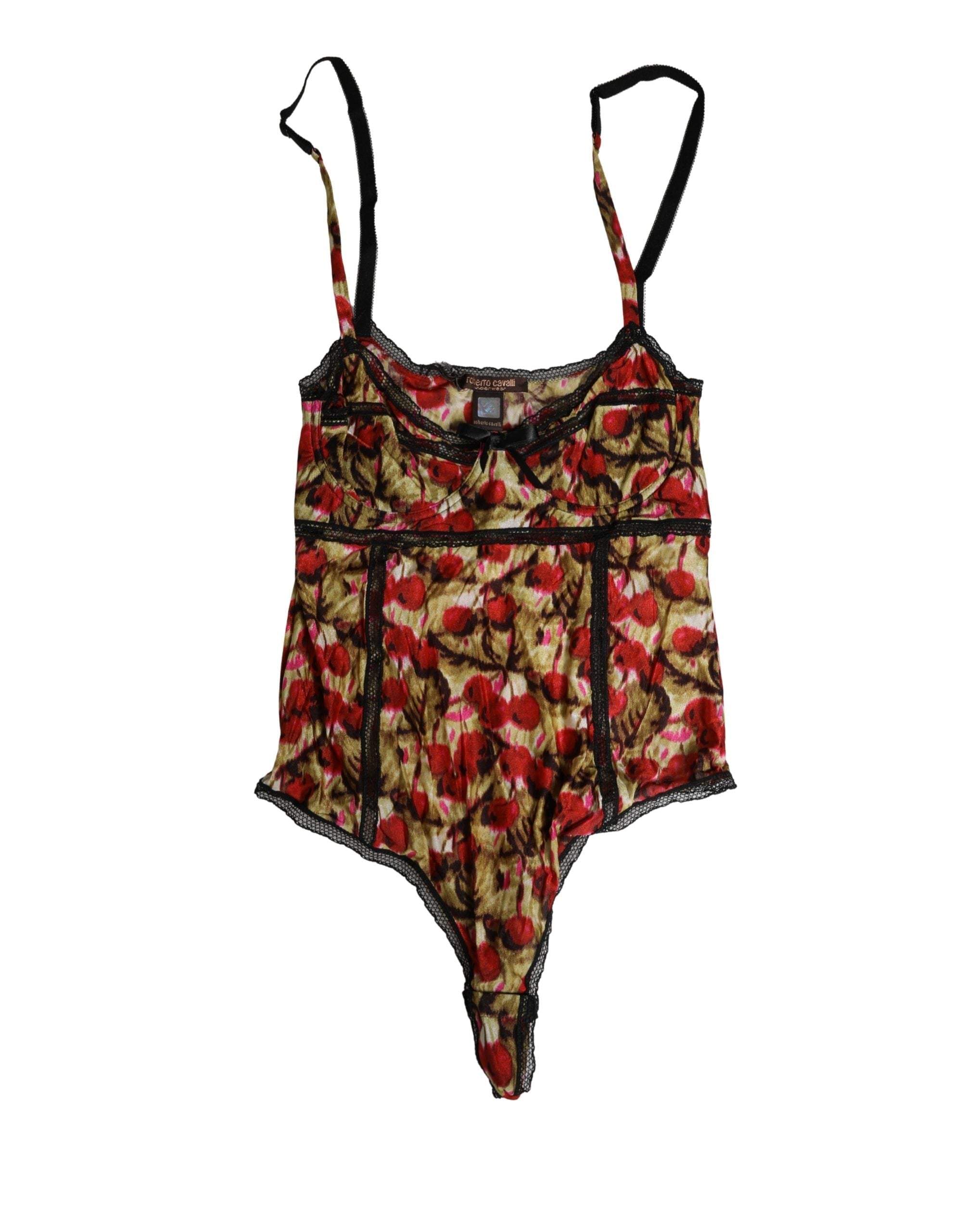 Roberto Cavalli Multicolor CherryPrint Lace Bodysuit Underwear Roberto Cavalli