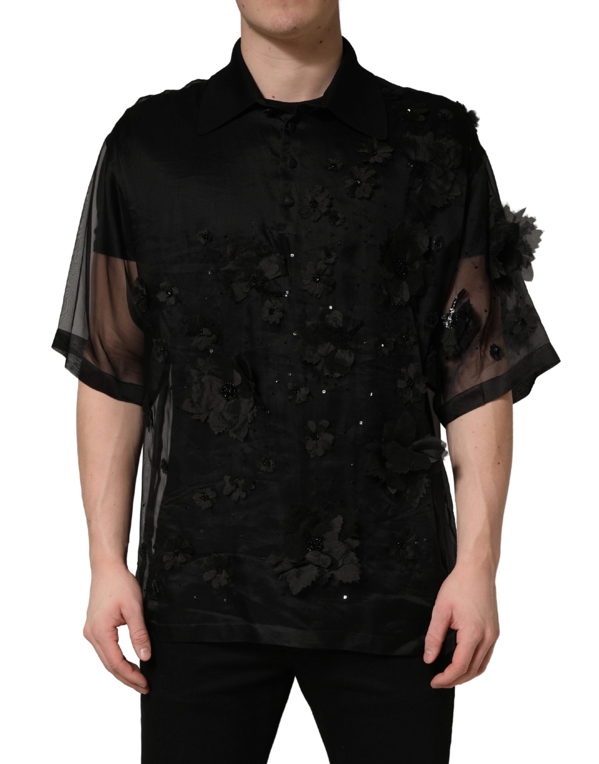 Dolce & Gabbana Black Floral Applique Sheer Short Sleeve Shirt Dolce & Gabbana
