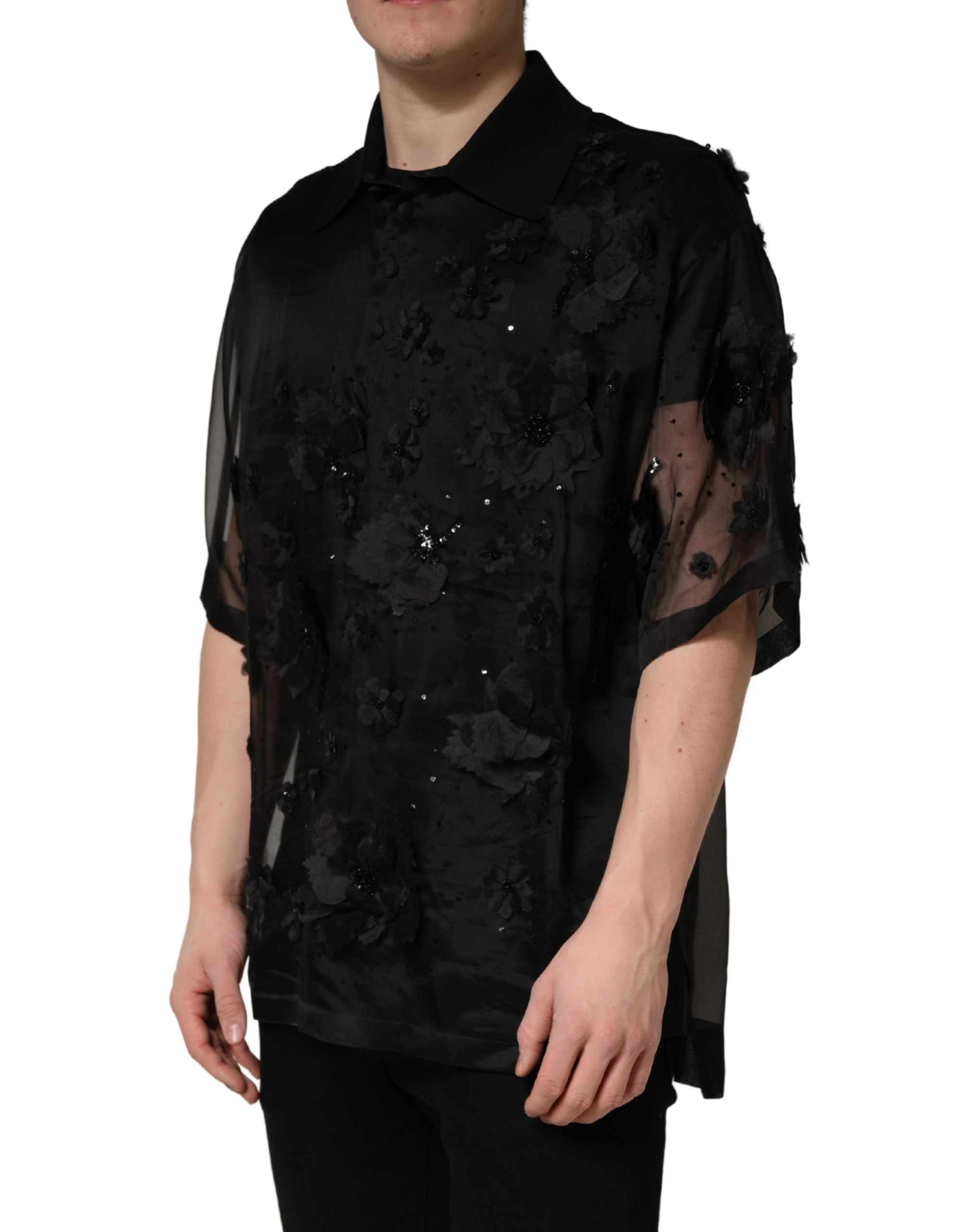 Dolce & Gabbana Black Floral Applique Sheer Short Sleeve Shirt Dolce & Gabbana