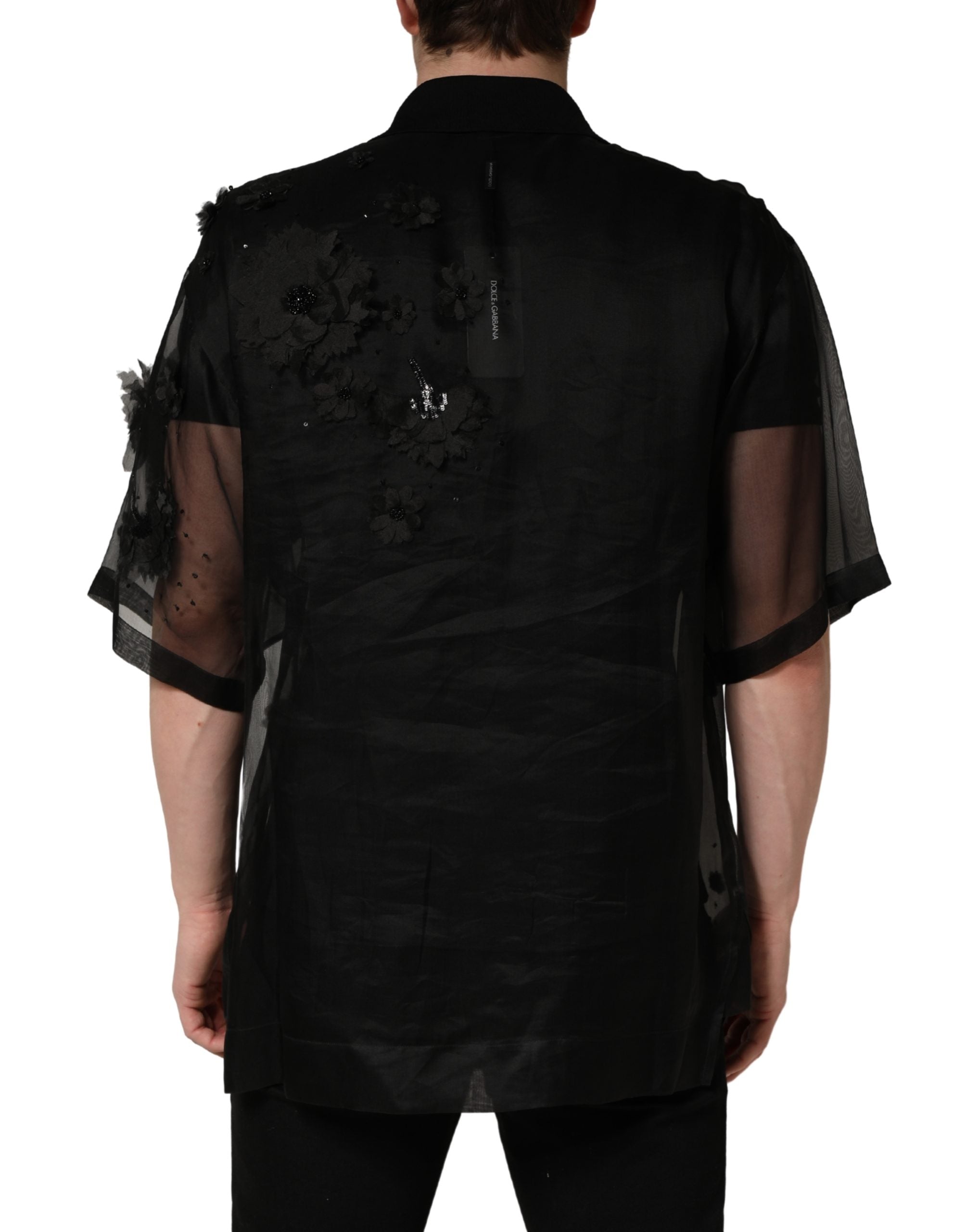 Dolce & Gabbana Black Floral Applique Sheer Short Sleeve Shirt Dolce & Gabbana
