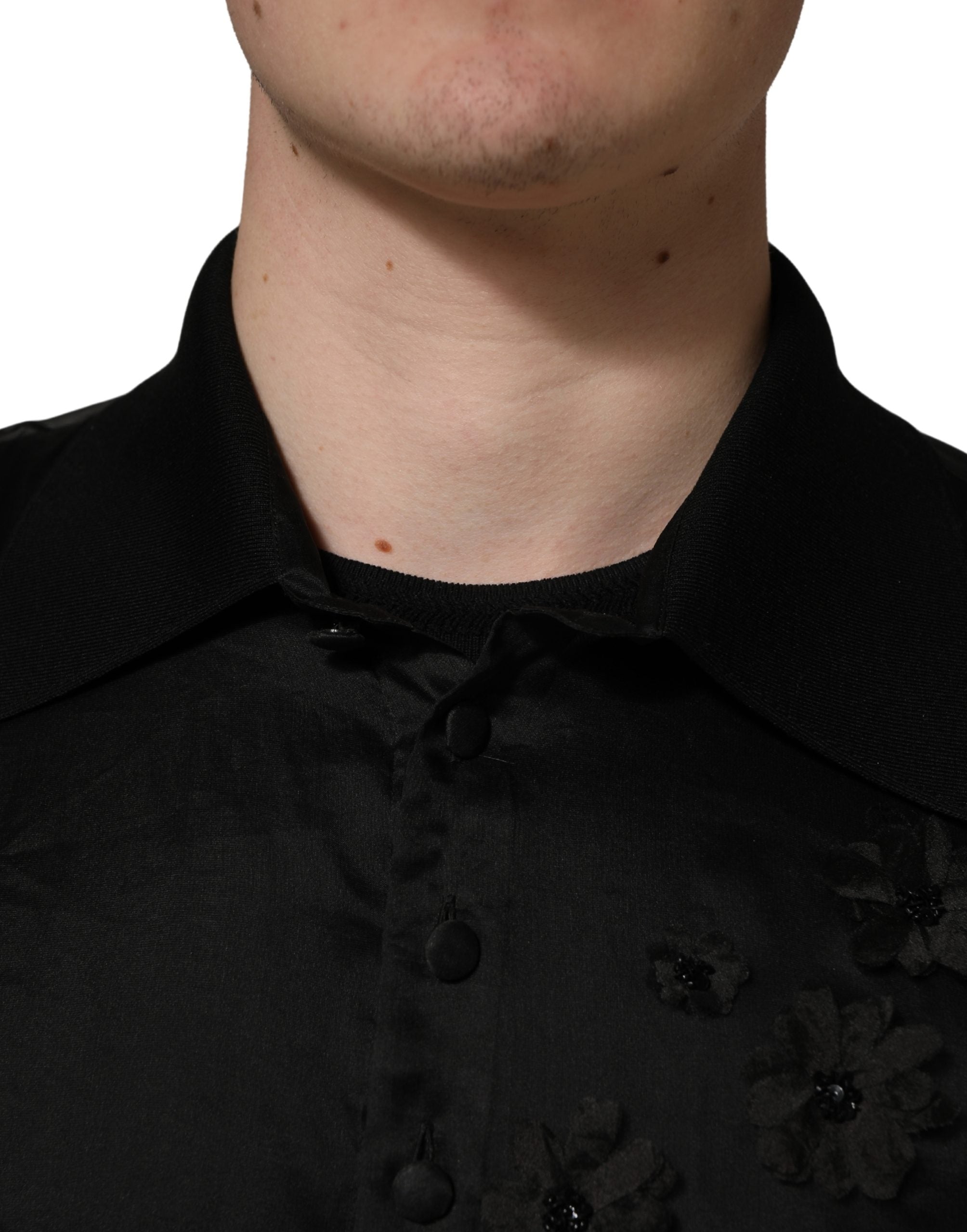 Dolce & Gabbana Black Floral Applique Sheer Short Sleeve Shirt Dolce & Gabbana
