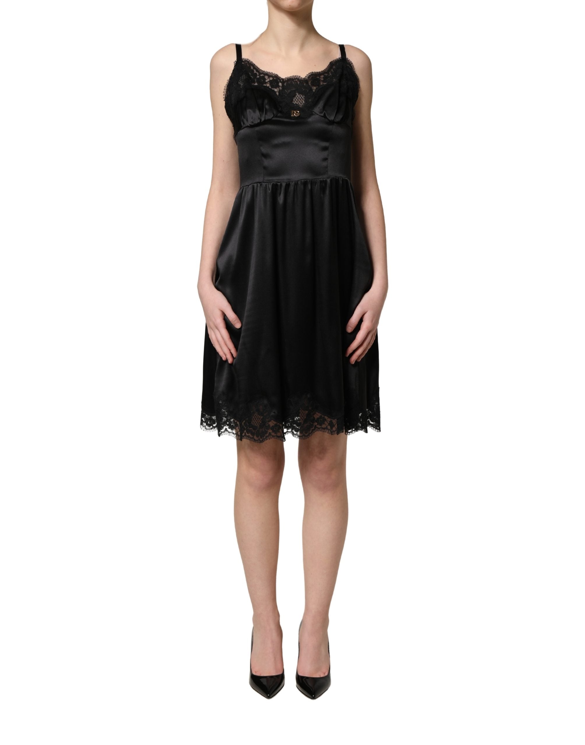 Dolce & Gabbana Black Silk Satin Lace Sleeveless Mini Dress Dolce & Gabbana