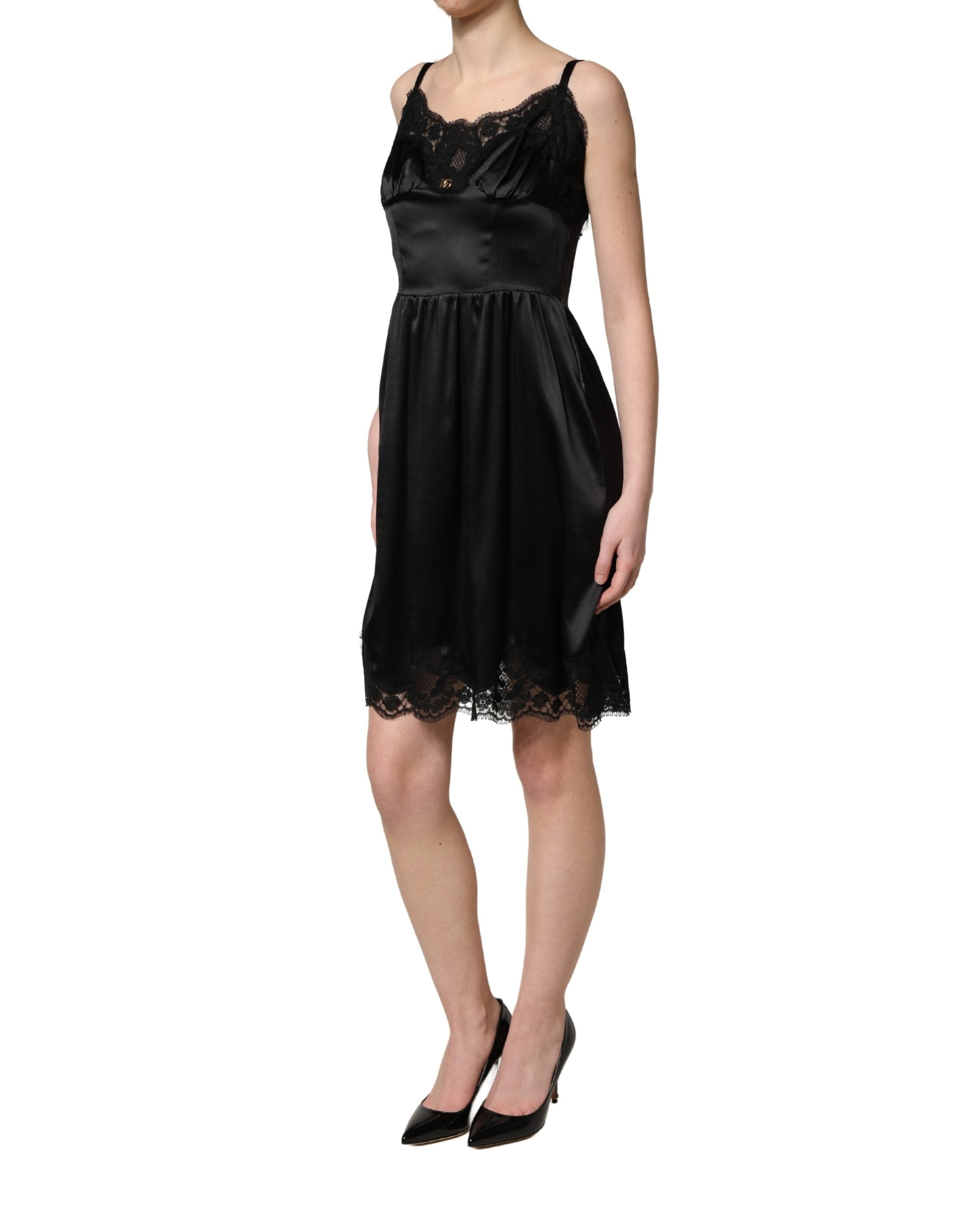 Dolce & Gabbana Black Silk Satin Lace Sleeveless Mini Dress Dolce & Gabbana