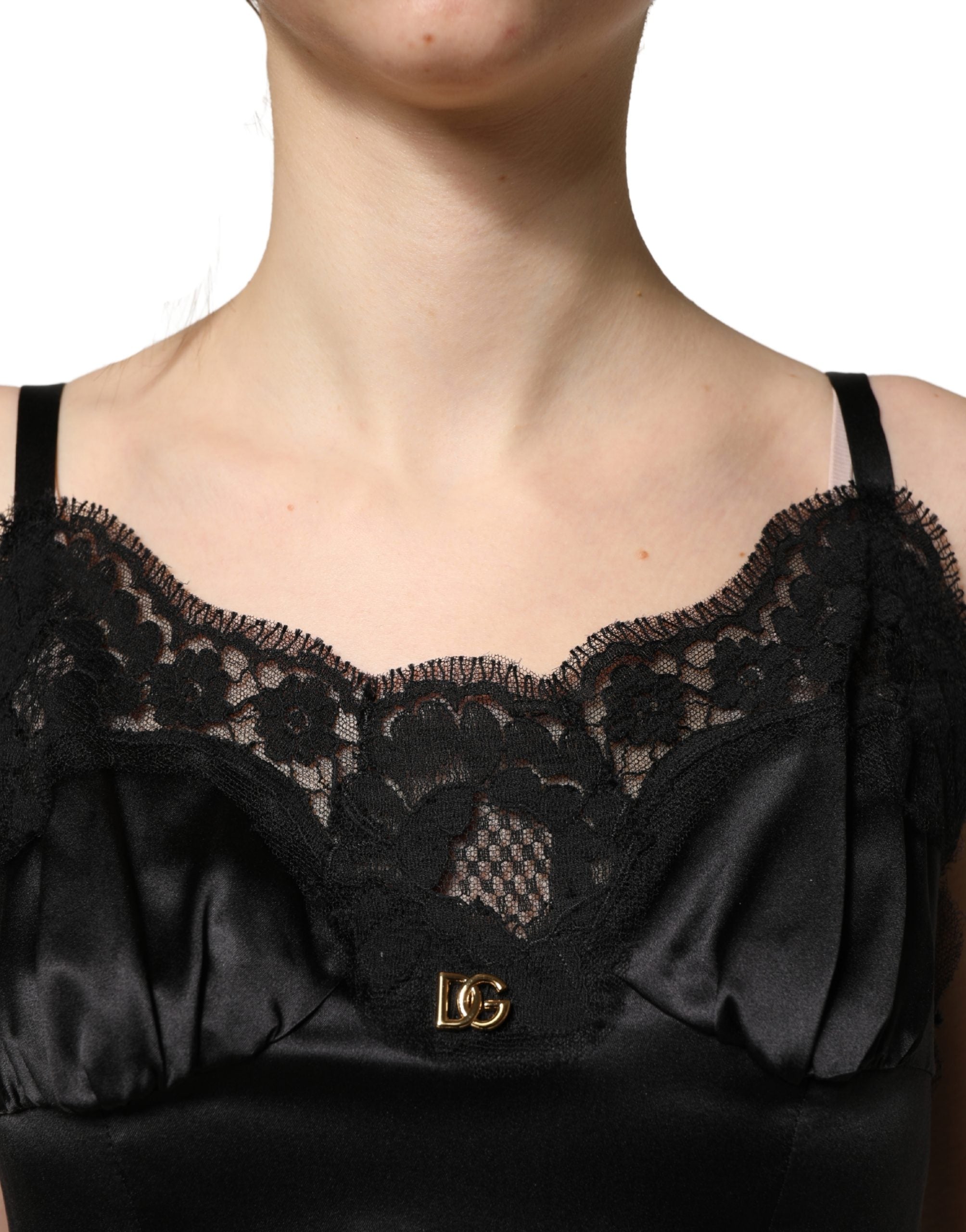 Dolce & Gabbana Black Silk Satin Lace Sleeveless Mini Dress Dolce & Gabbana