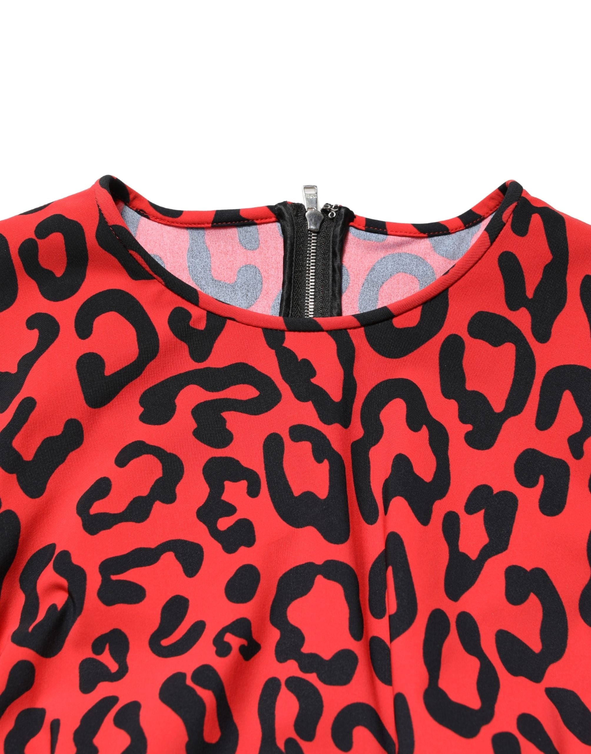 Dolce & Gabbana Red Leopard Print Long Sleeves Midi Dress Dolce & Gabbana