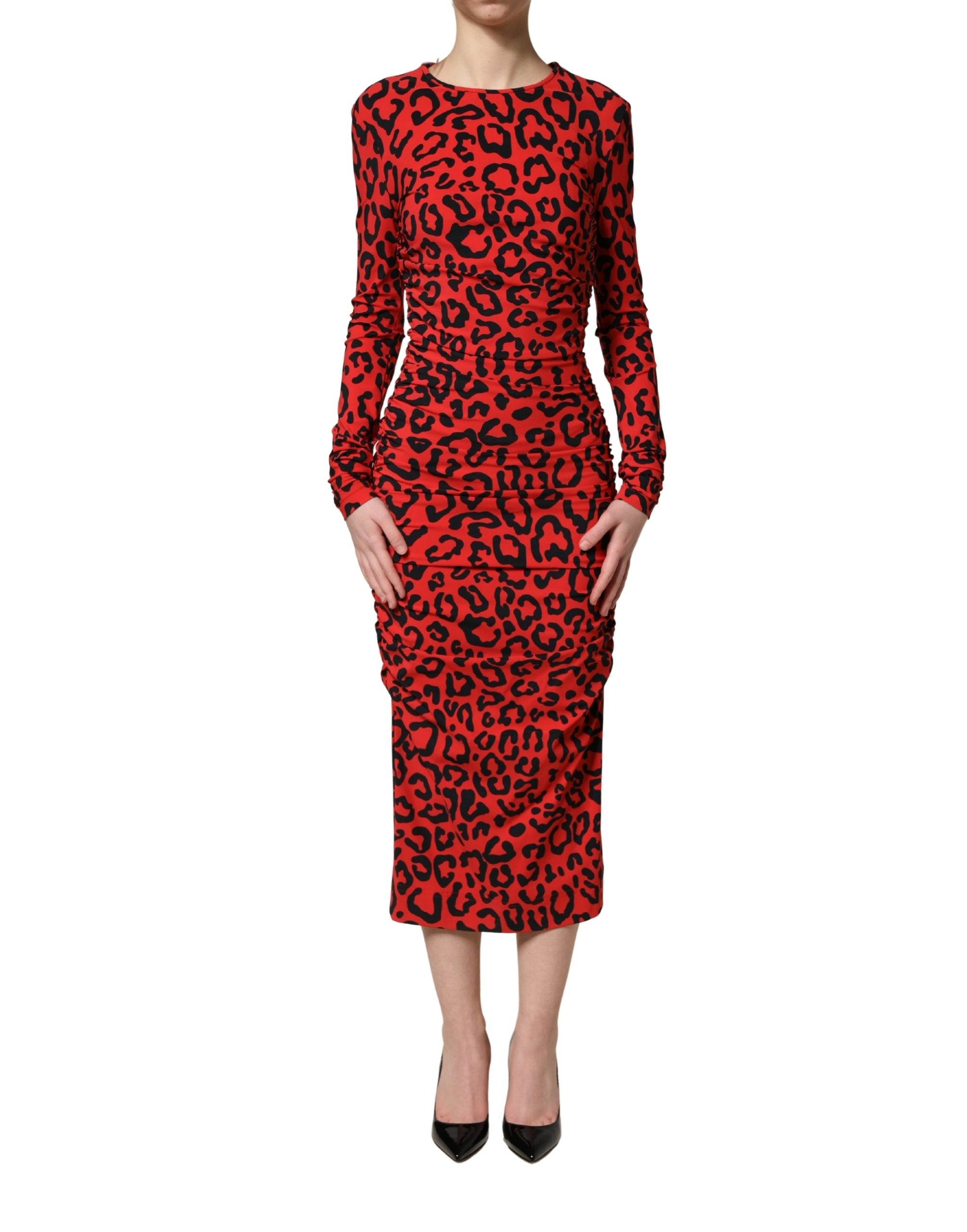 Dolce & Gabbana Red Leopard Print Long Sleeves Midi Dress Dolce & Gabbana
