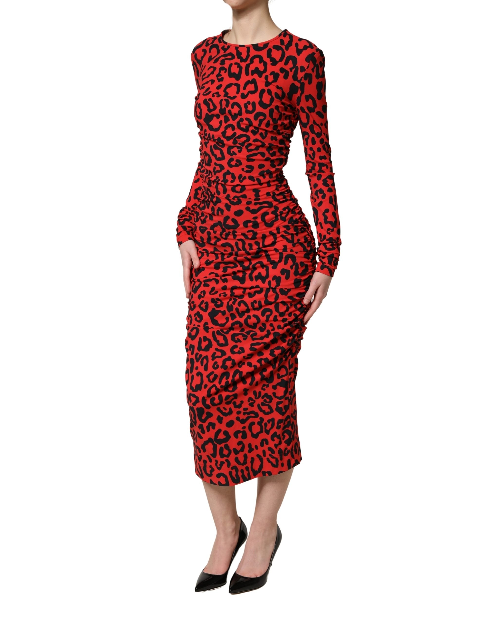 Dolce & Gabbana Red Leopard Print Long Sleeves Midi Dress Dolce & Gabbana