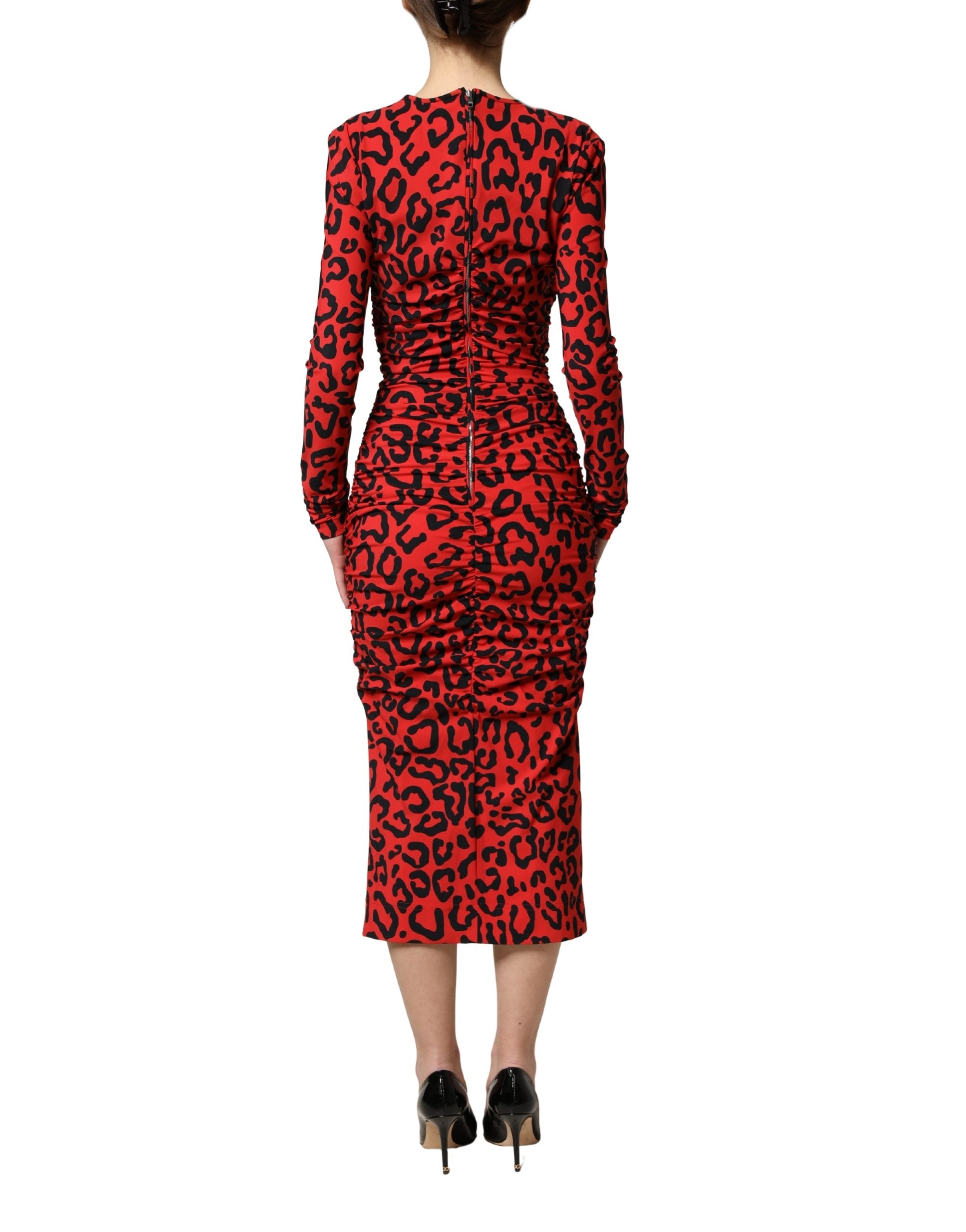 Dolce & Gabbana Red Leopard Print Long Sleeves Midi Dress Dolce & Gabbana