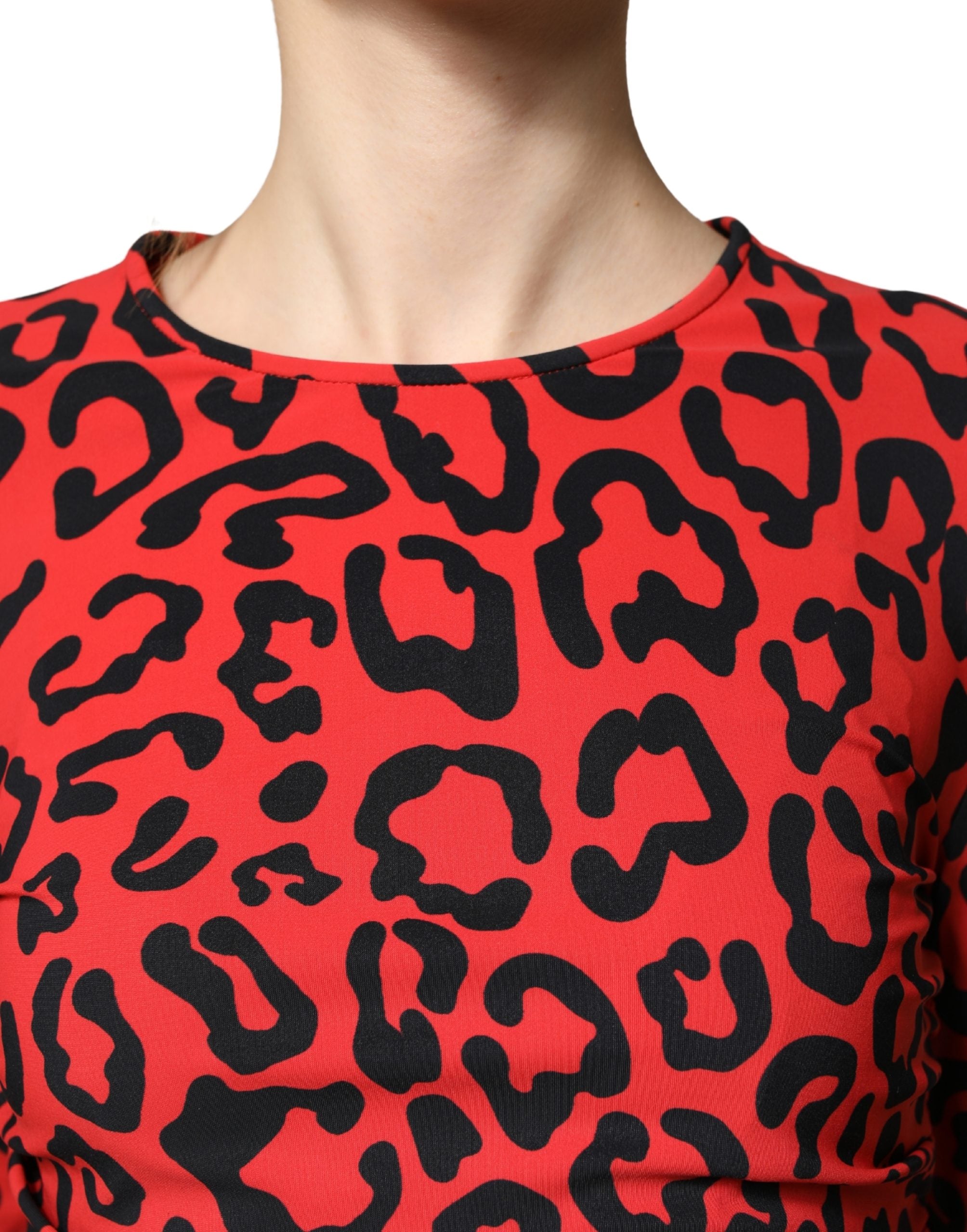 Dolce & Gabbana Red Leopard Print Long Sleeves Midi Dress Dolce & Gabbana