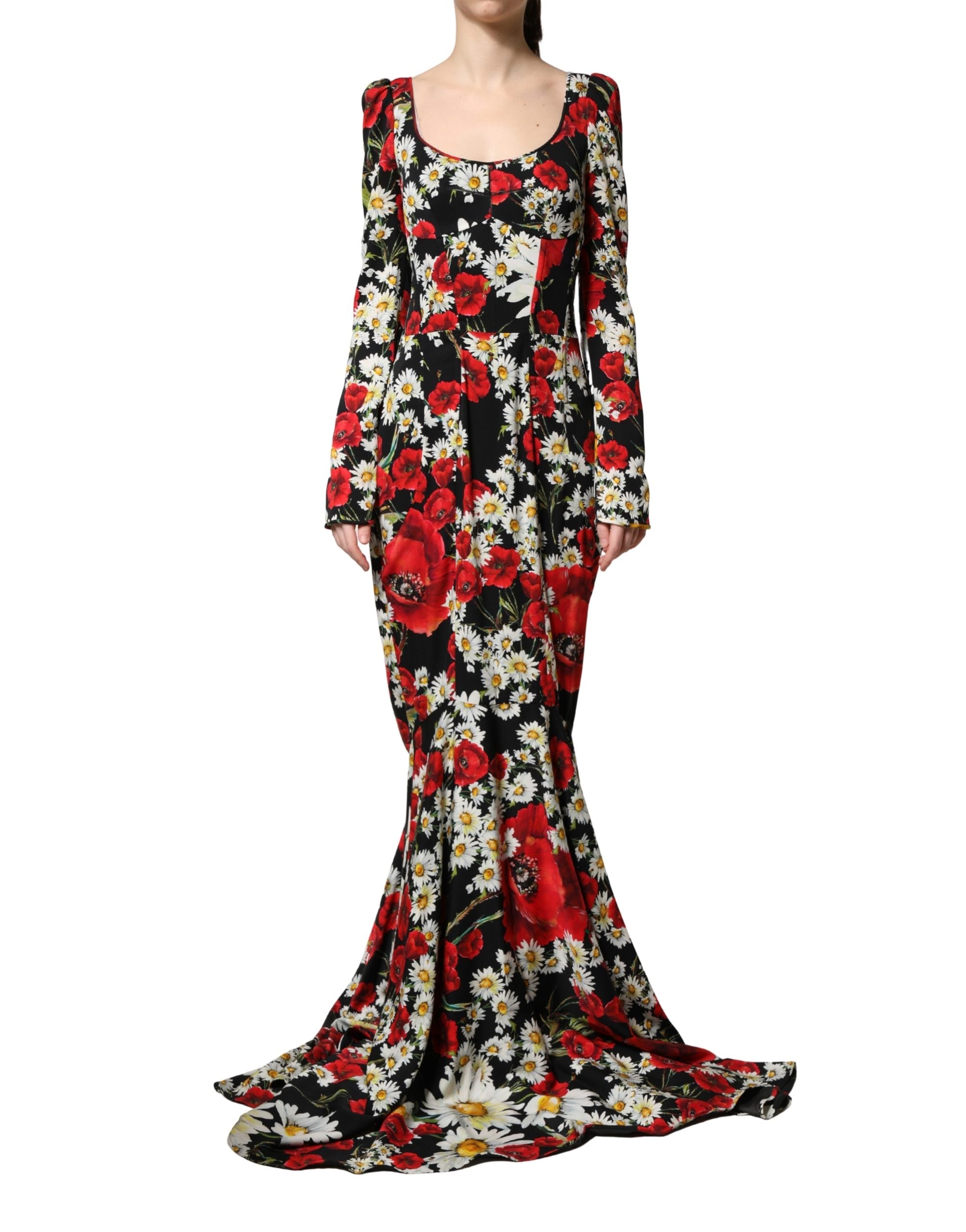 Dolce & Gabbana Black Floral Silk Long Sleeves Gown Dress Dolce & Gabbana