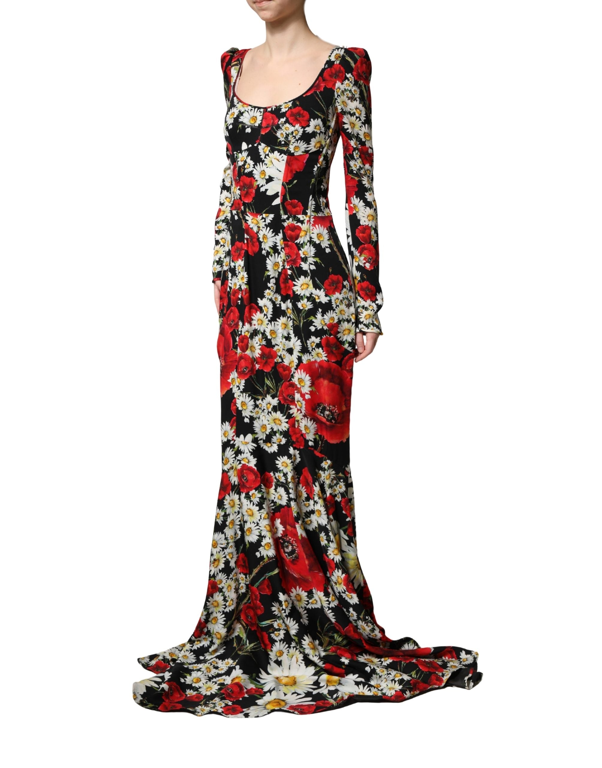 Dolce & Gabbana Black Floral Silk Long Sleeves Gown Dress Dolce & Gabbana