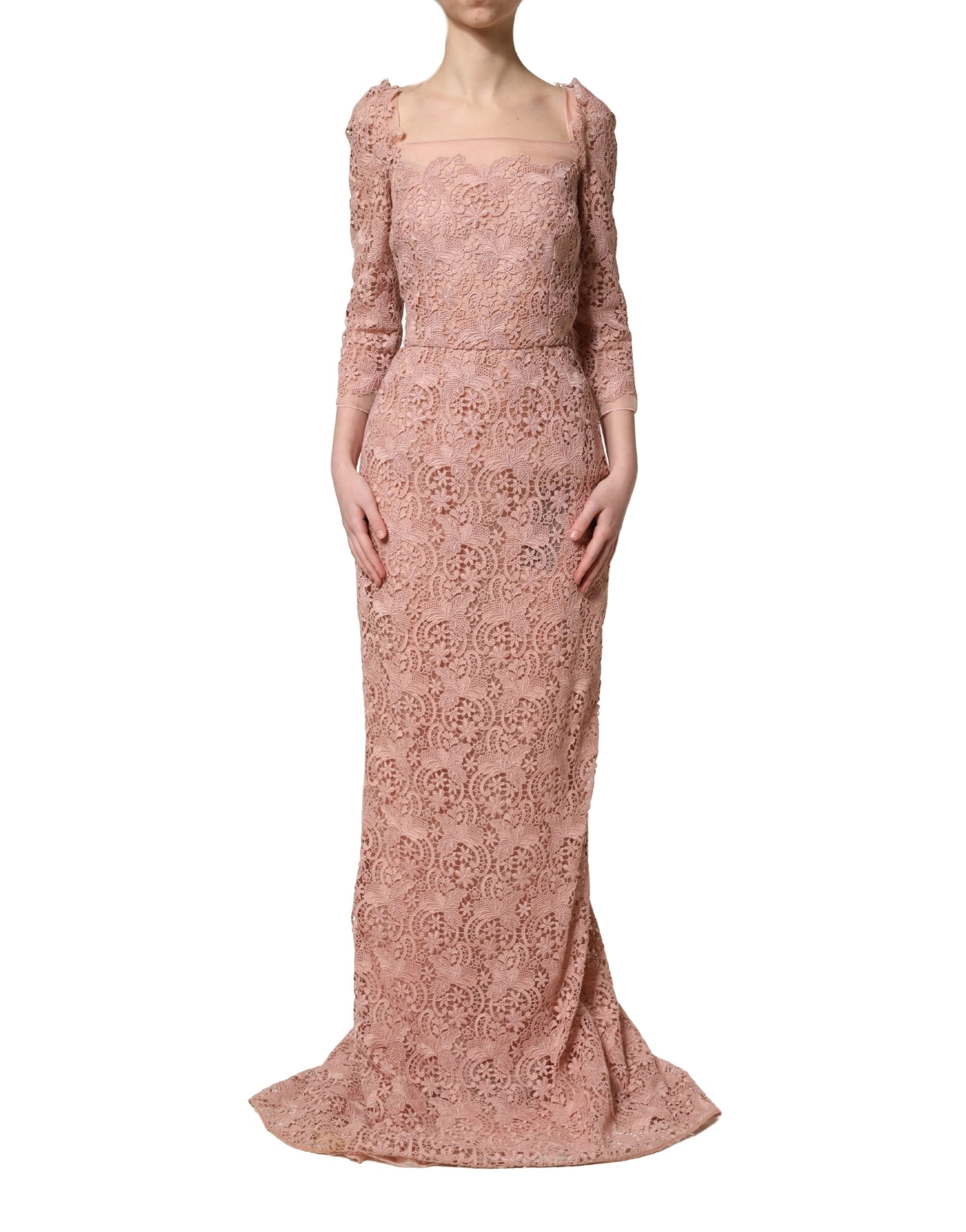Dolce & Gabbana Pink Lace Long-Sleeved Evening Gown Dress Dolce & Gabbana