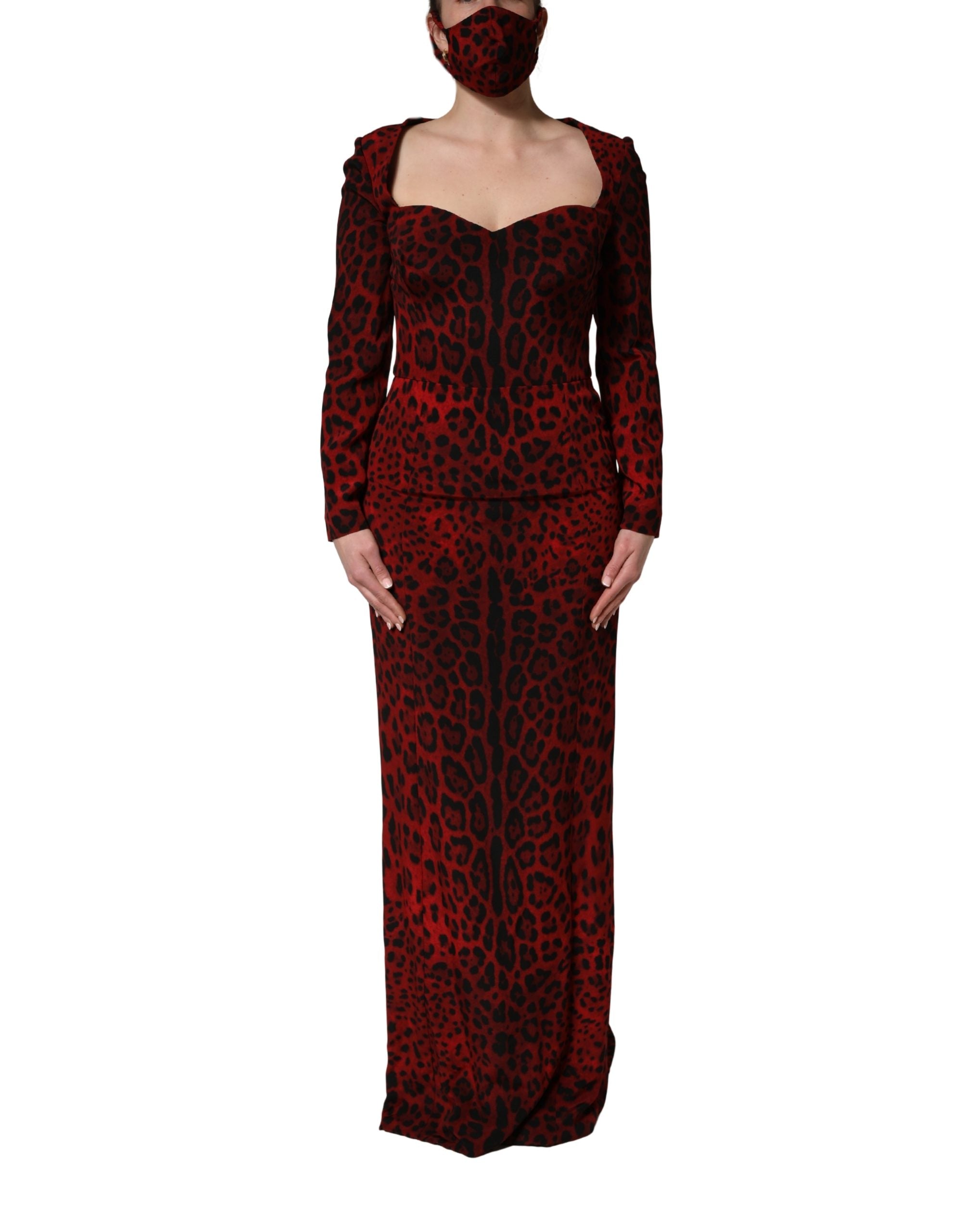 Dolce & Gabbana Red Leopard Print Sheath Long Sleeve Dress Dolce & Gabbana
