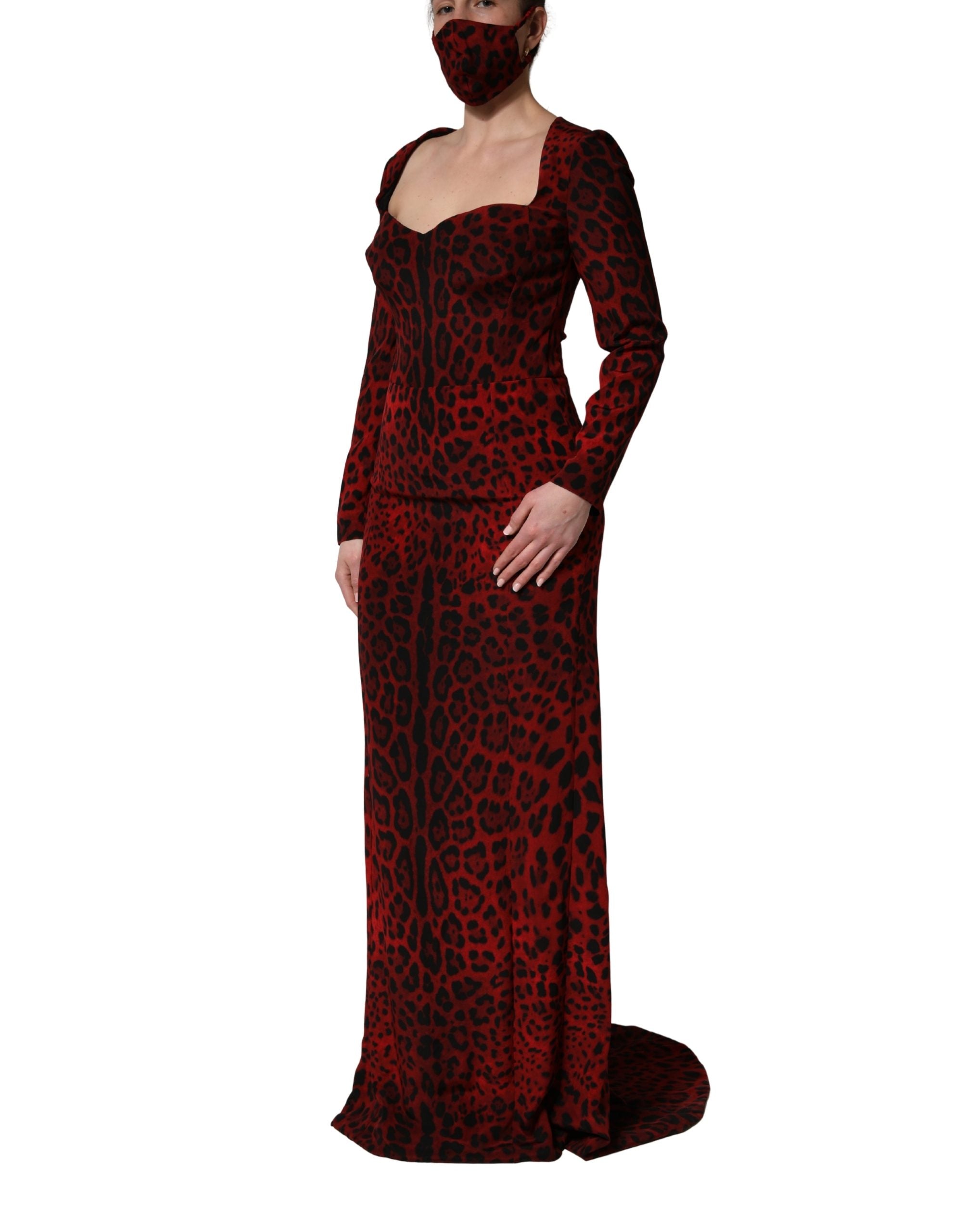 Dolce & Gabbana Red Leopard Print Sheath Long Sleeve Dress Dolce & Gabbana