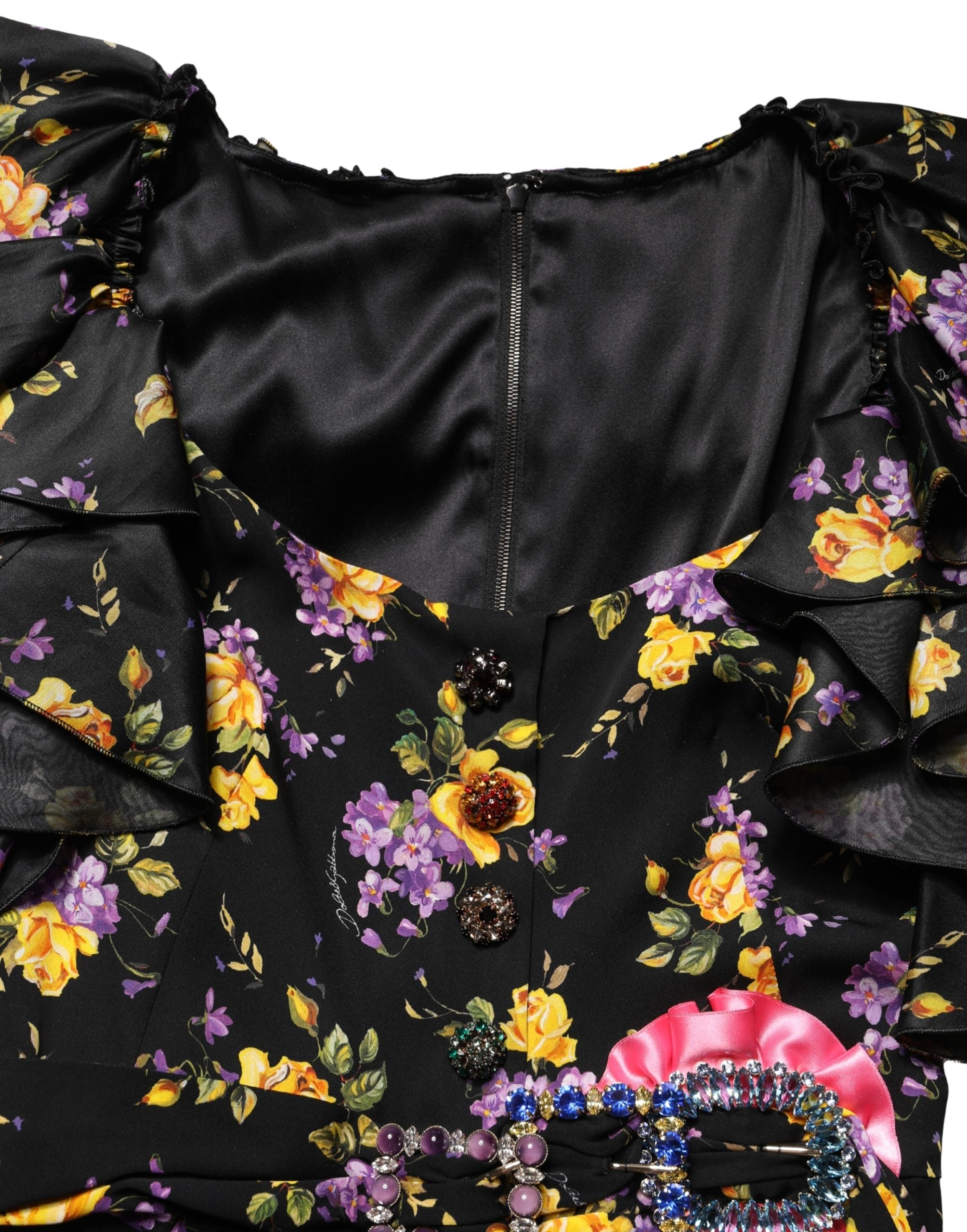 Dolce & Gabbana Black Purple Crystal Brooch Silk Midi Dress Dolce & Gabbana