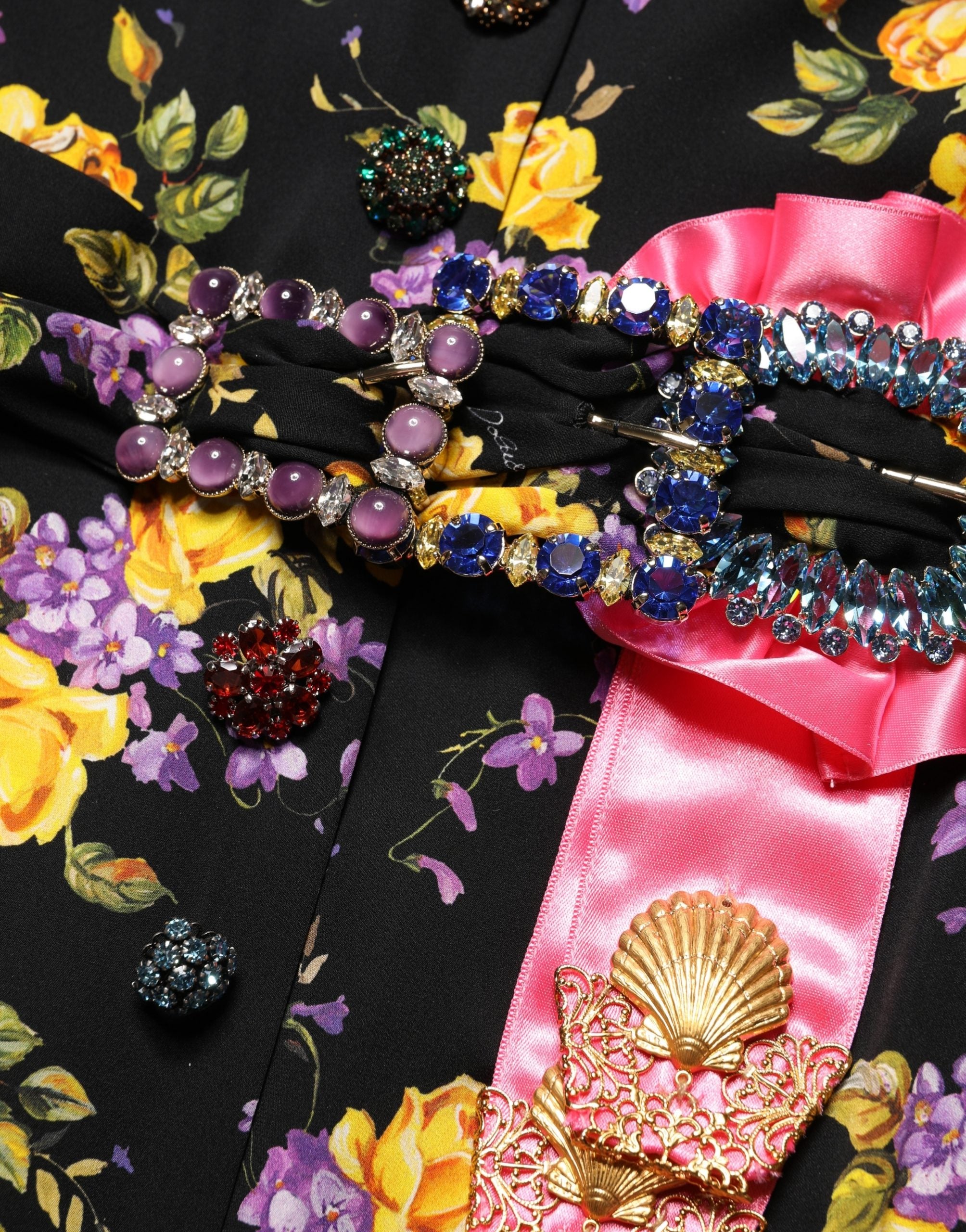 Dolce & Gabbana Black Purple Crystal Brooch Silk Midi Dress Dolce & Gabbana