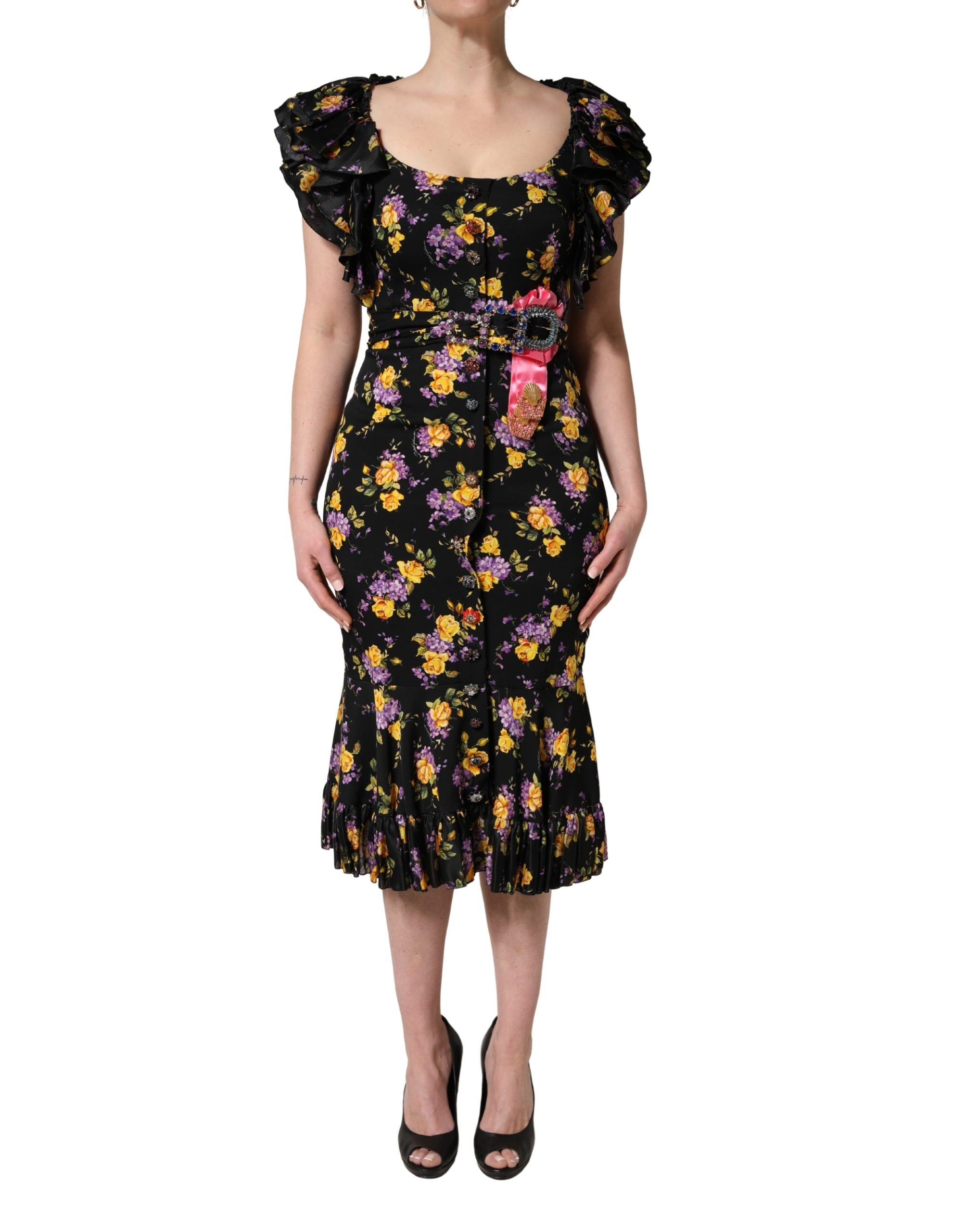 Dolce & Gabbana Black Purple Crystal Brooch Silk Midi Dress Dolce & Gabbana