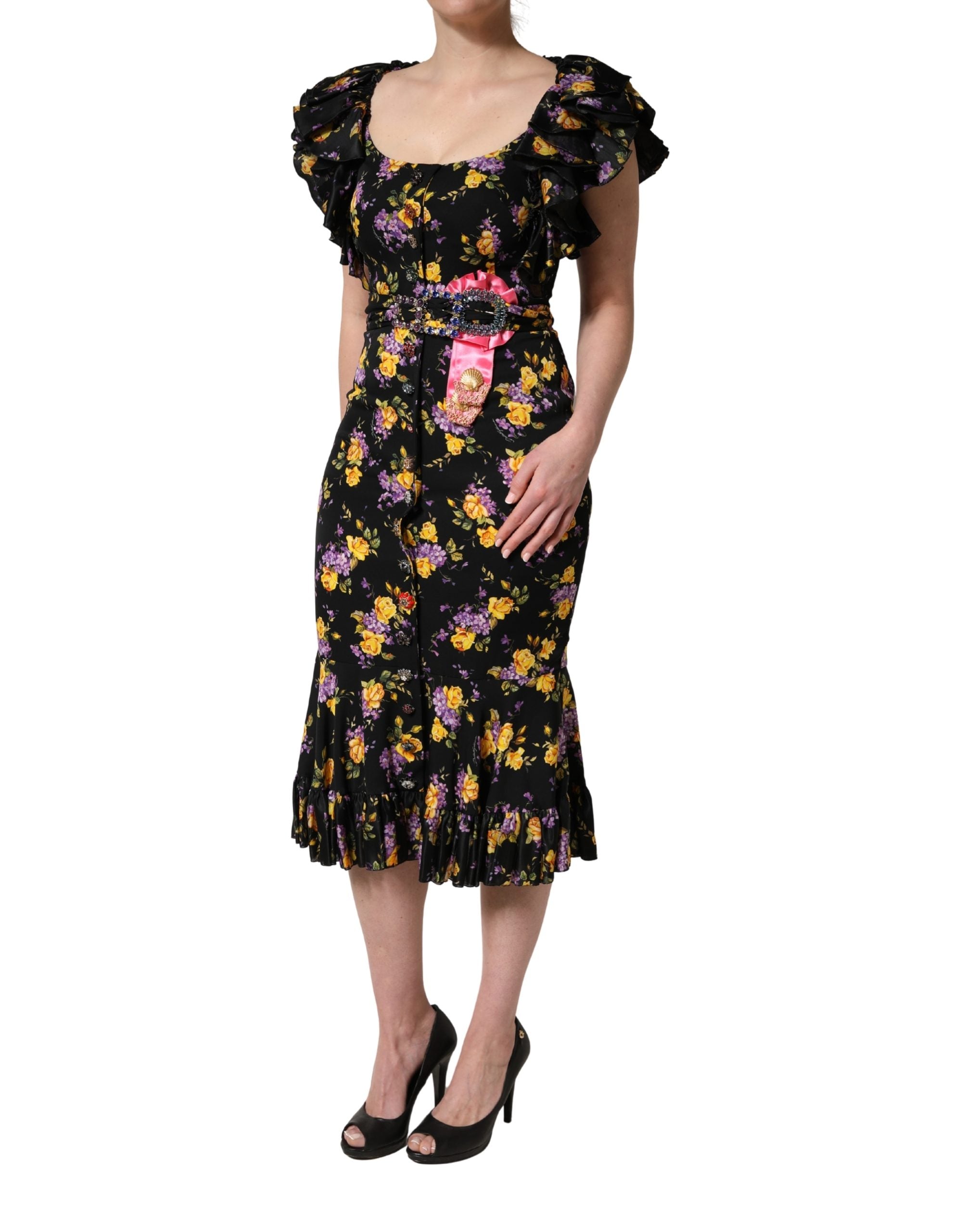 Dolce & Gabbana Black Purple Crystal Brooch Silk Midi Dress Dolce & Gabbana