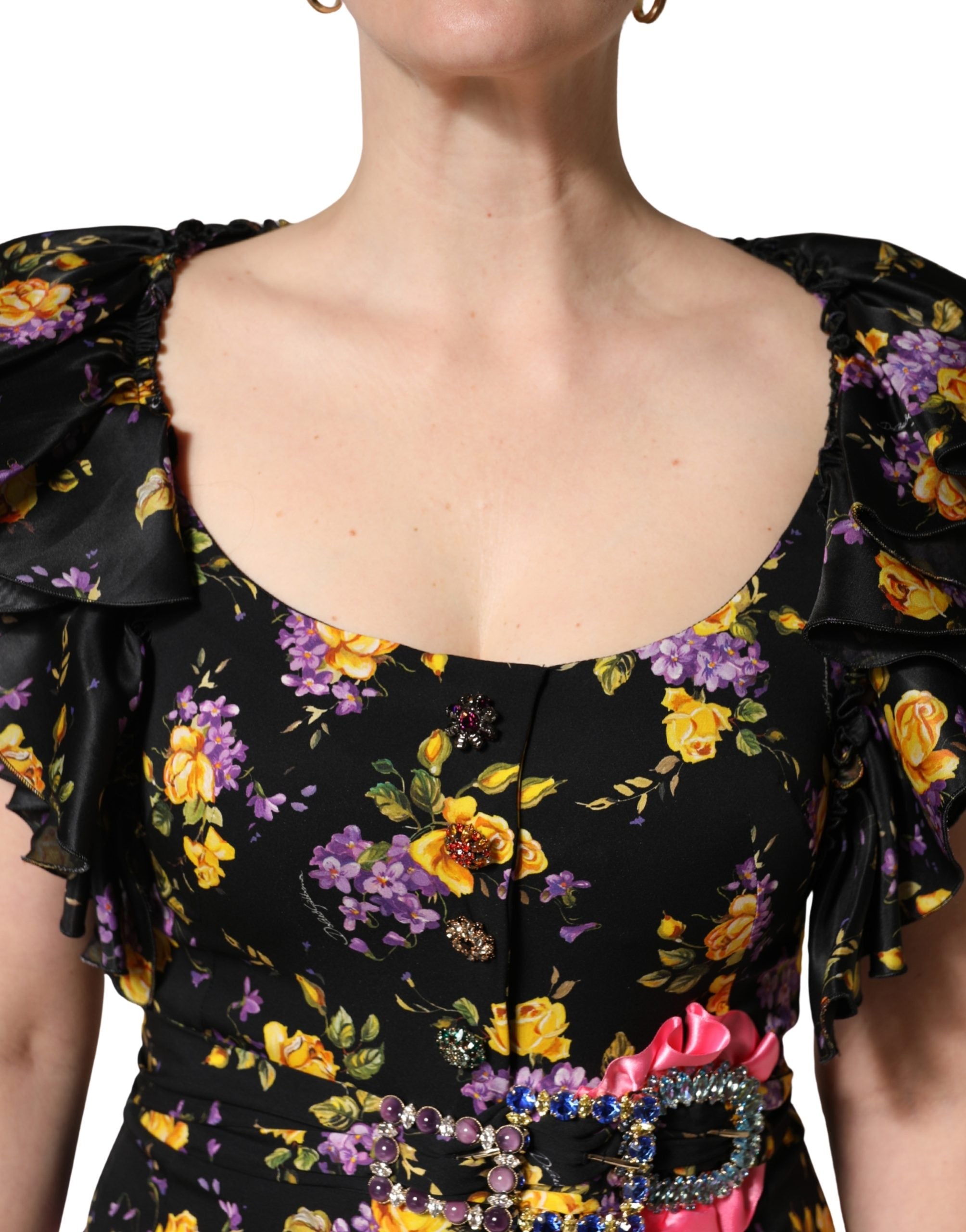 Dolce & Gabbana Black Purple Crystal Brooch Silk Midi Dress Dolce & Gabbana