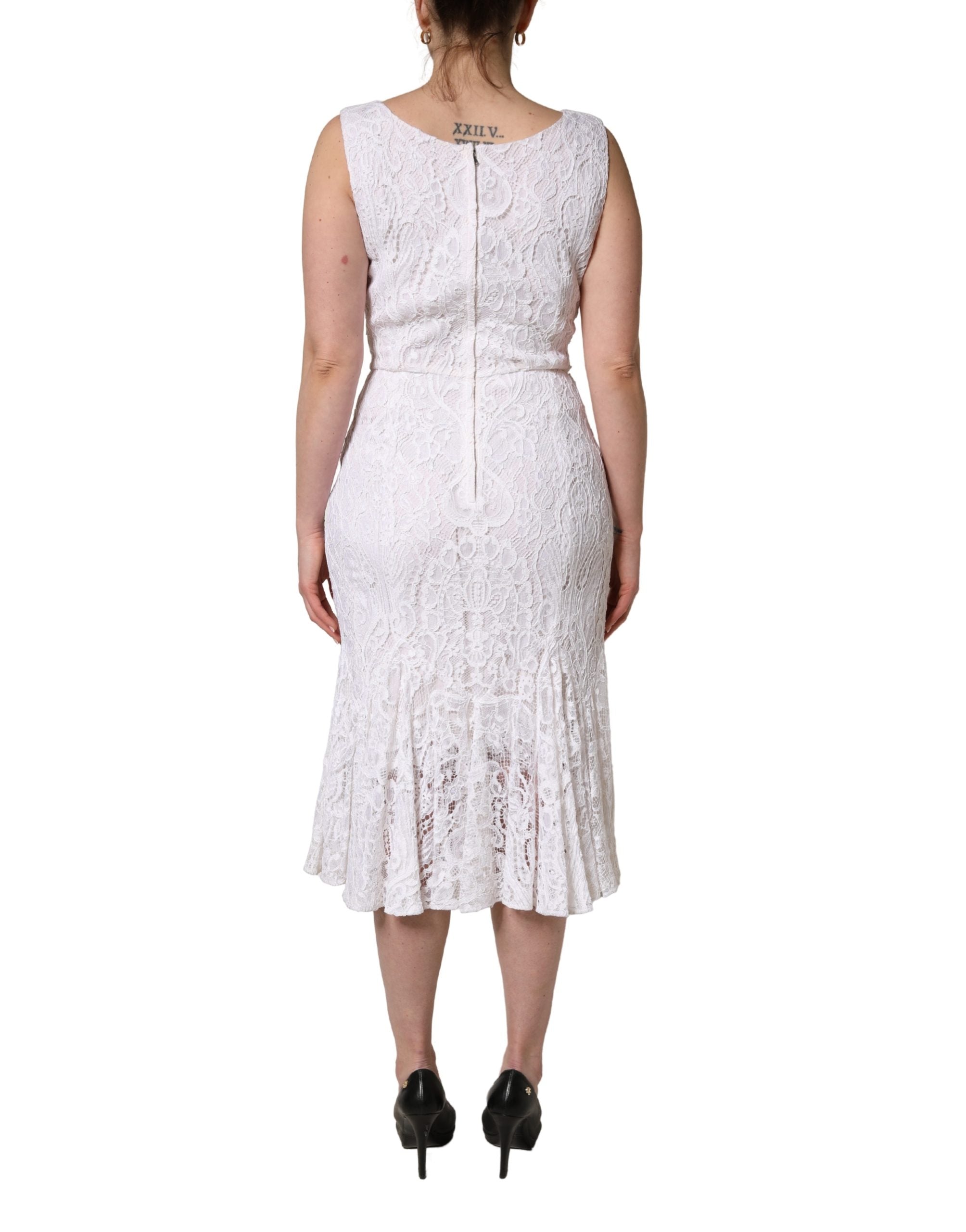 Dolce & Gabbana White Floral Lace Sleeveless Midi Dress Dolce & Gabbana
