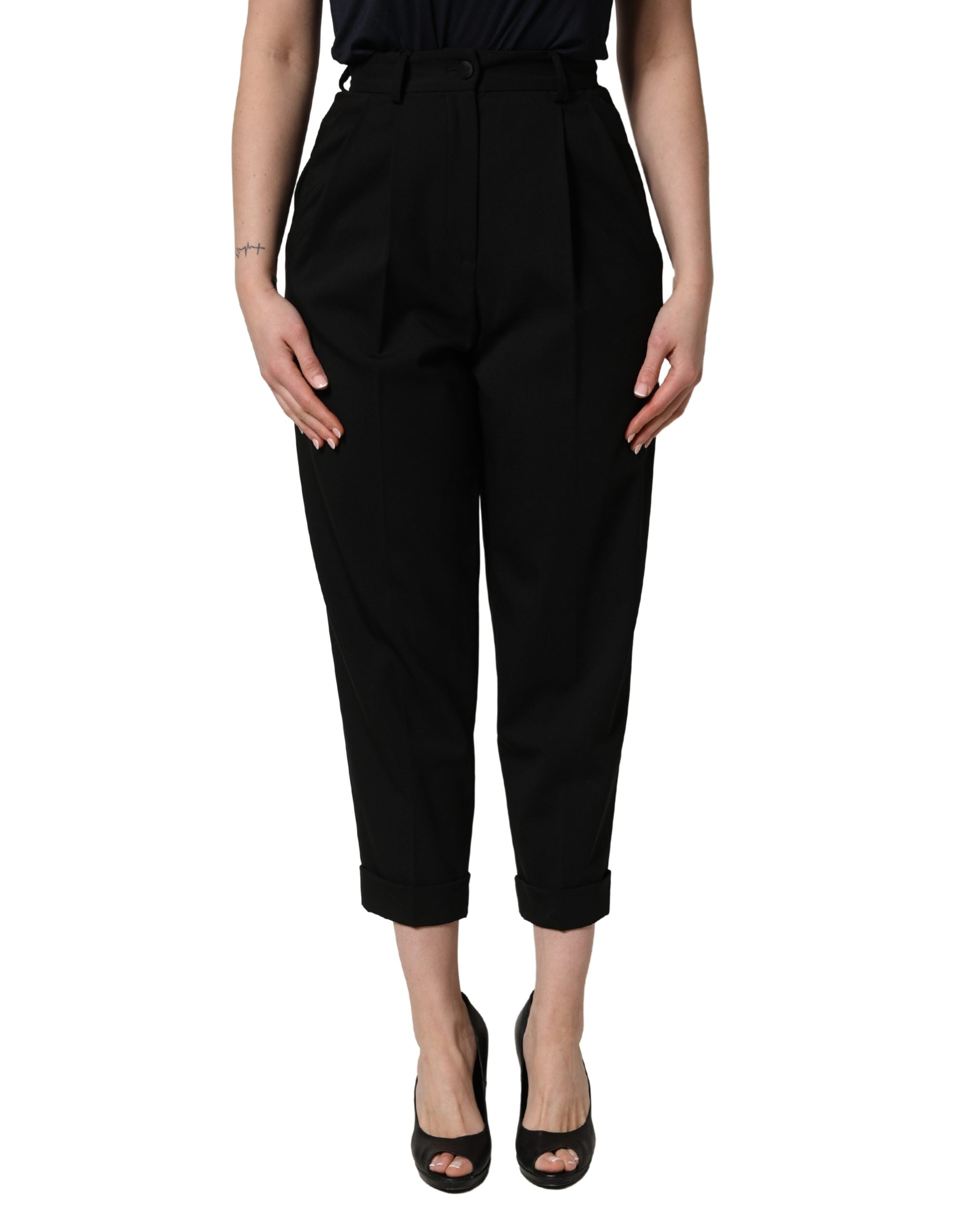 Dolce & Gabbana Black Wool High Waist Cropped Trouser Pants Dolce & Gabbana