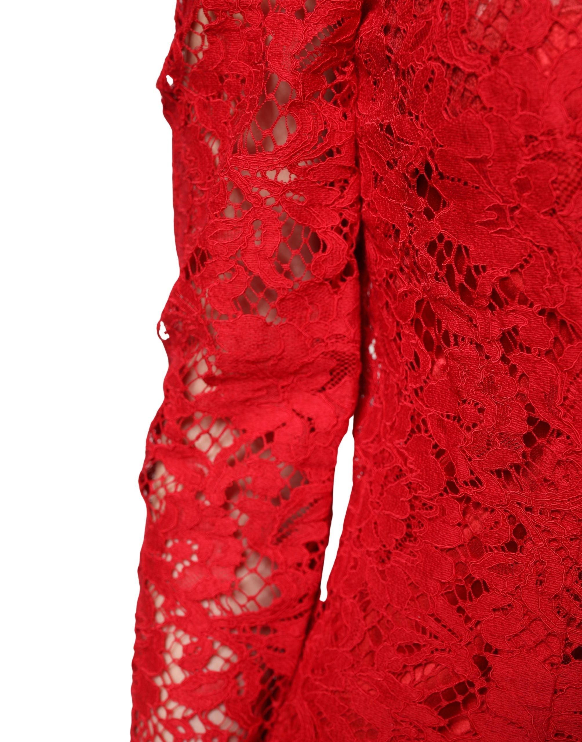 Dolce & Gabbana Red Lace Floral Embroidery Long Sleeves Top Dolce & Gabbana