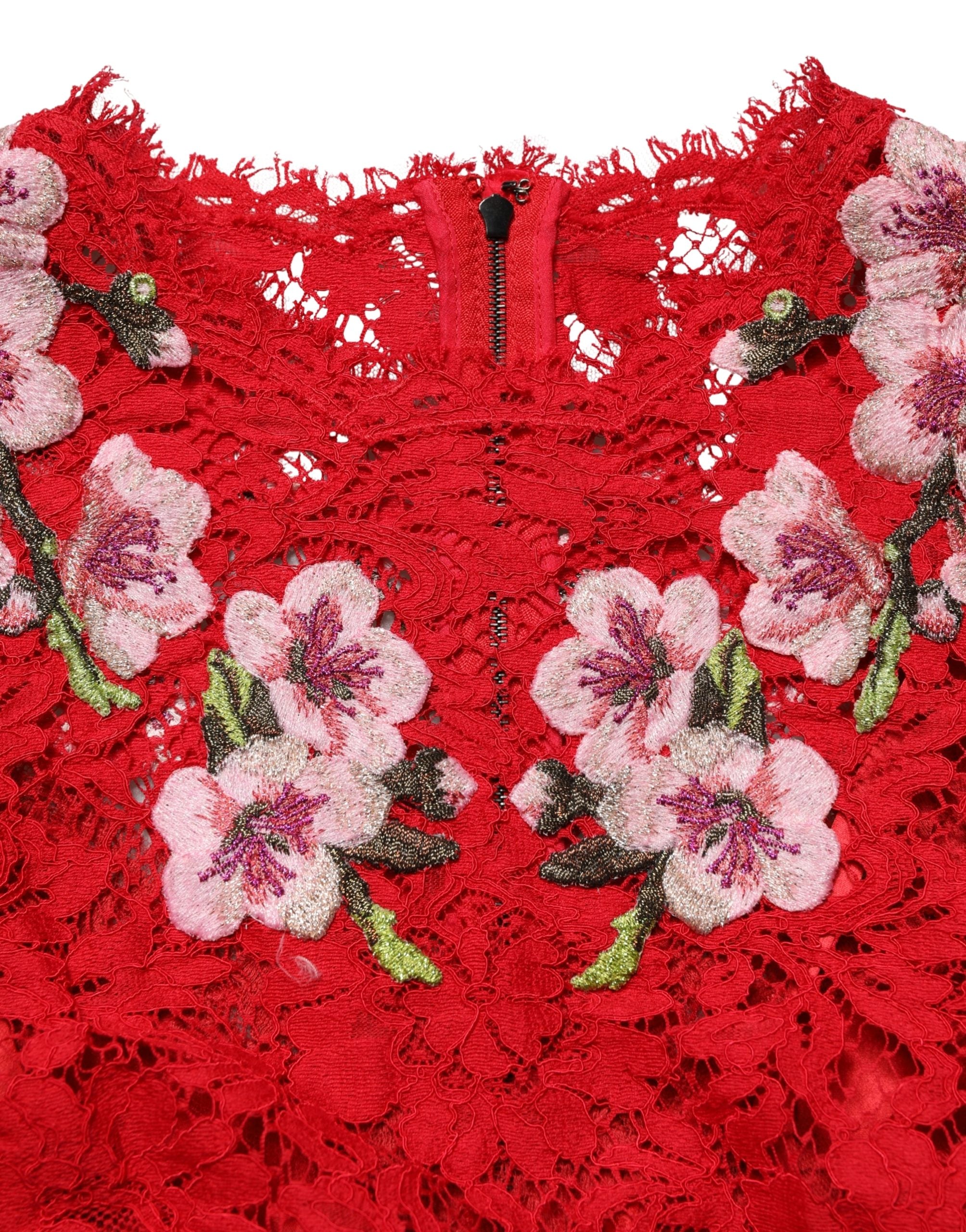 Dolce & Gabbana Red Lace Floral Embroidery Long Sleeves Top Dolce & Gabbana