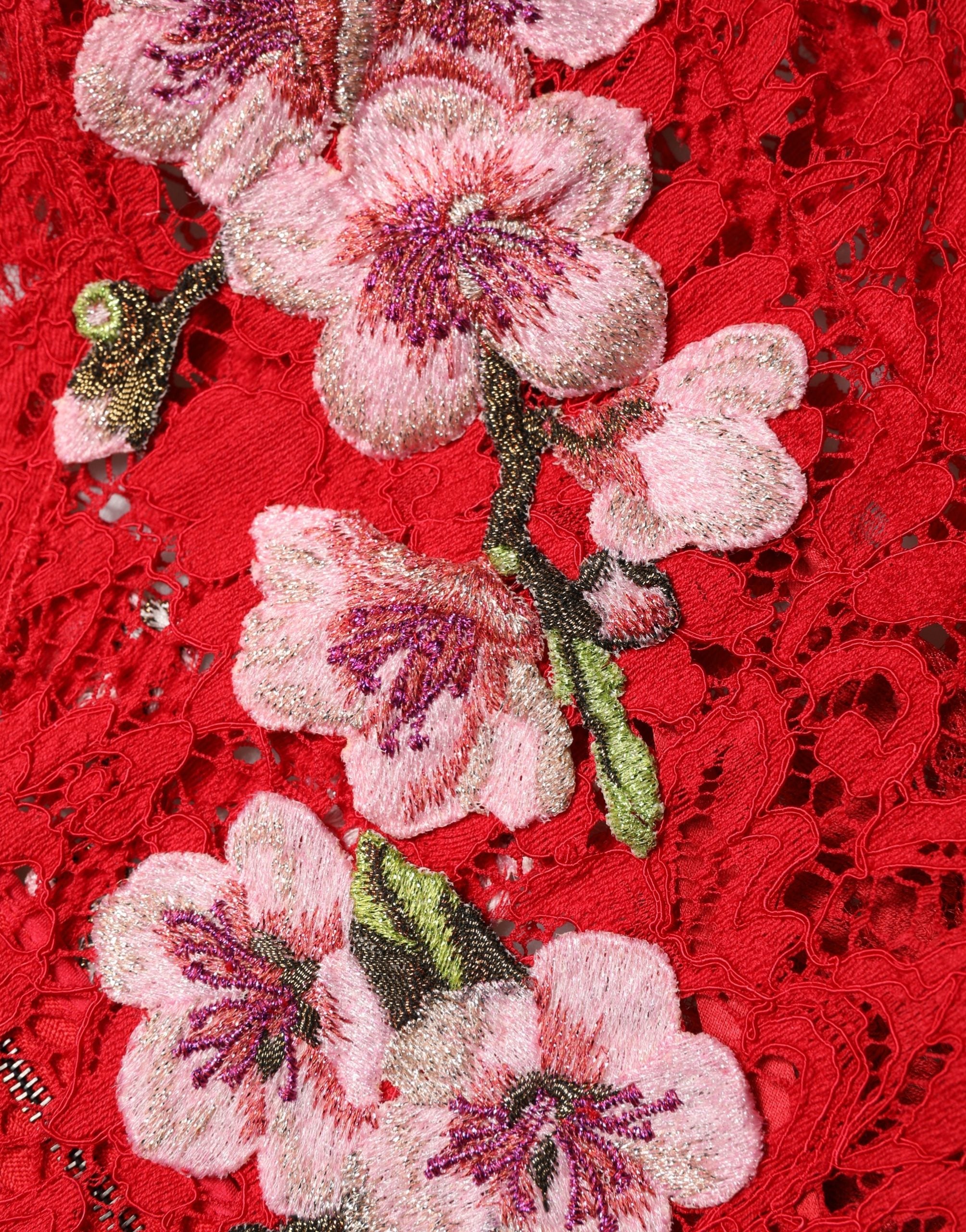 Dolce & Gabbana Red Lace Floral Embroidery Long Sleeves Top Dolce & Gabbana