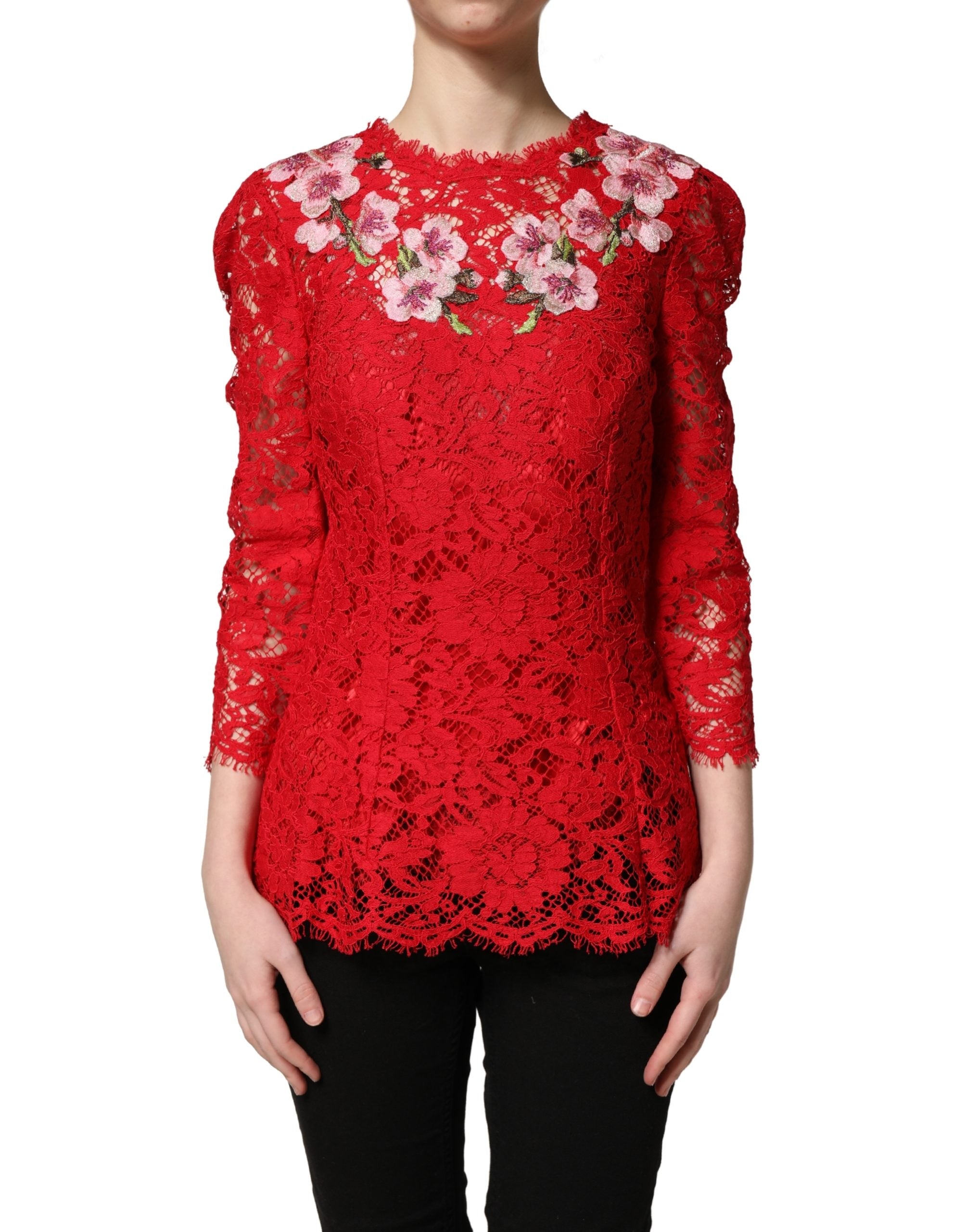 Dolce & Gabbana Red Lace Floral Embroidery Long Sleeves Top Dolce & Gabbana