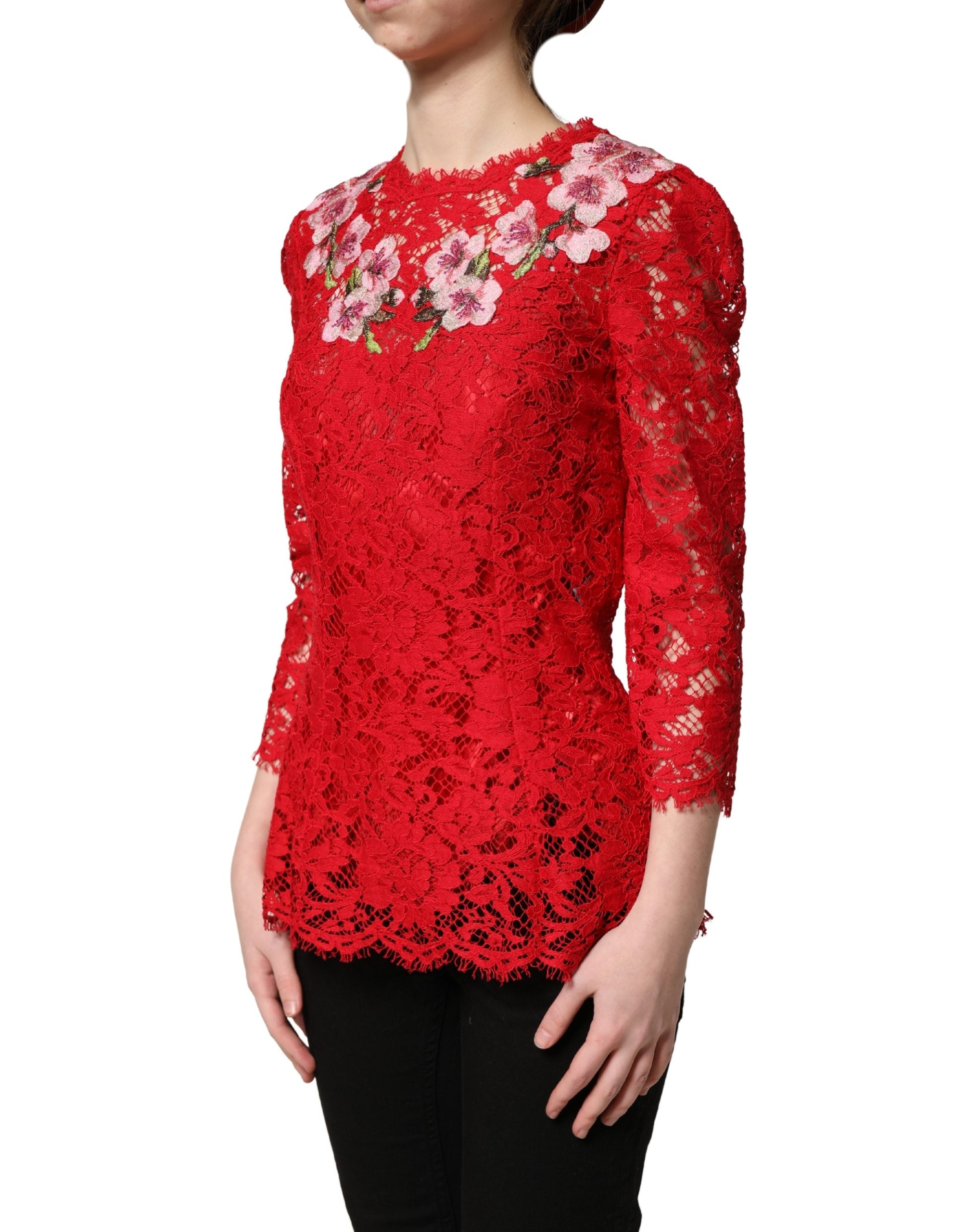 Dolce & Gabbana Red Lace Floral Embroidery Long Sleeves Top Dolce & Gabbana