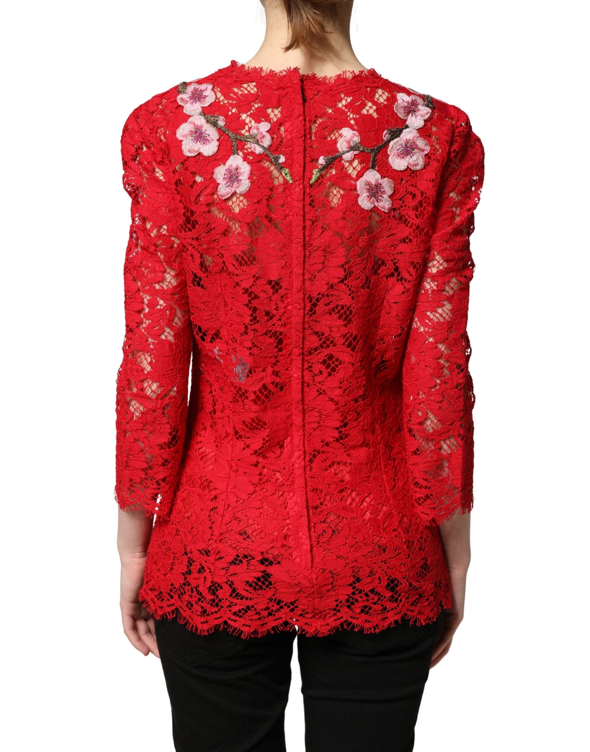 Dolce & Gabbana Red Lace Floral Embroidery Long Sleeves Top Dolce & Gabbana