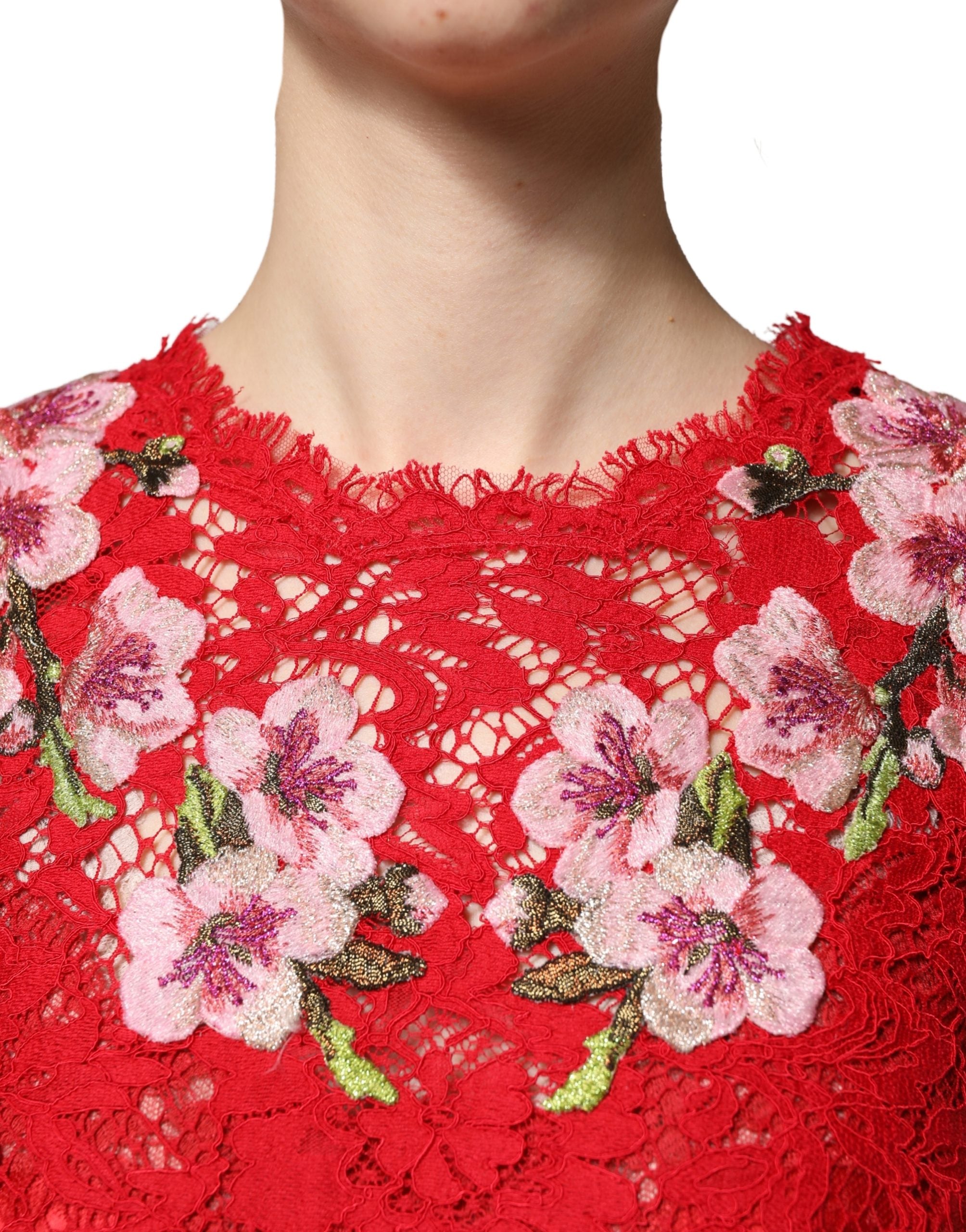 Dolce & Gabbana Red Lace Floral Embroidery Long Sleeves Top Dolce & Gabbana