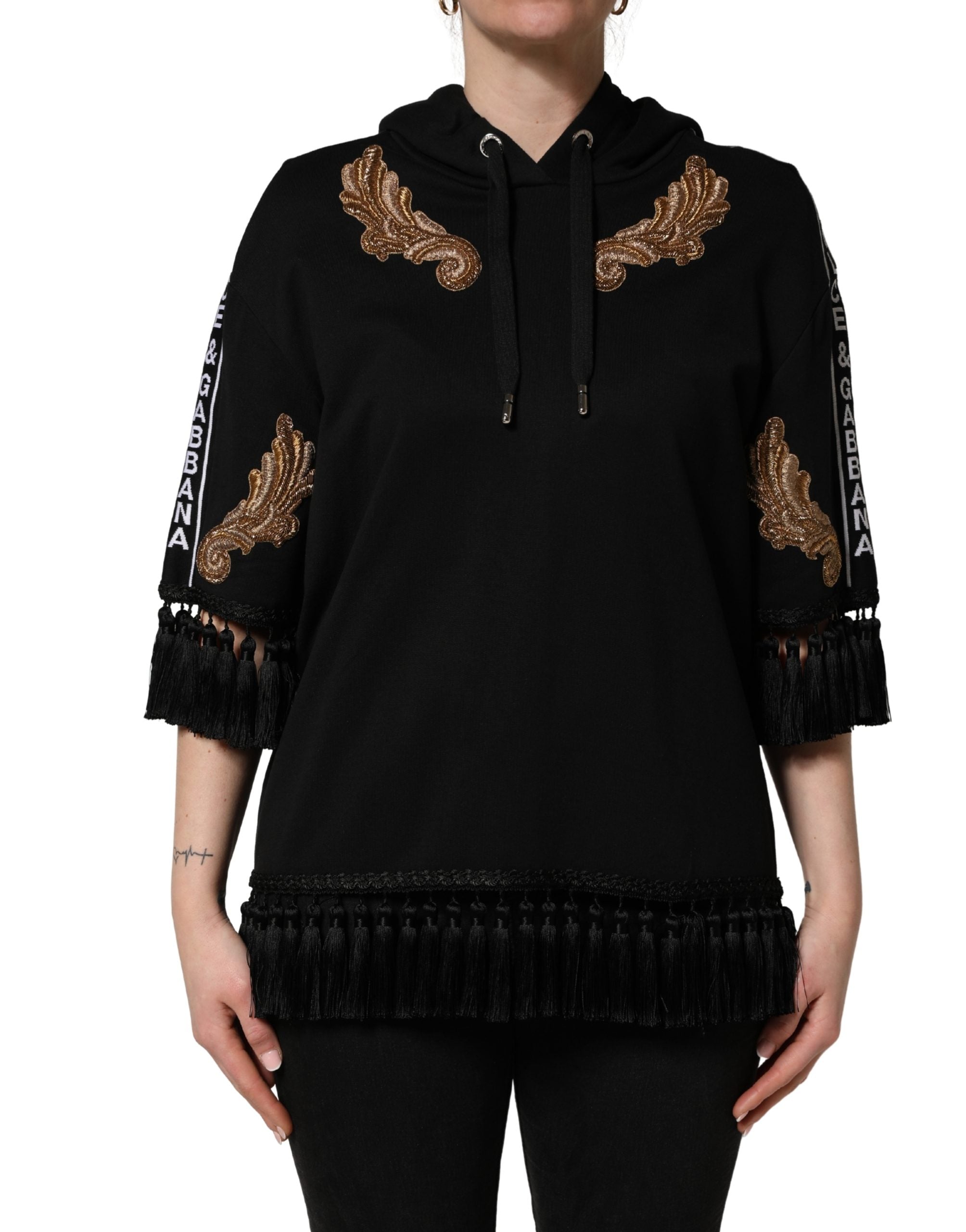 Dolce & Gabbana Black Embroidered Tassel Hooded Sweatshirt Sweater Dolce & Gabbana
