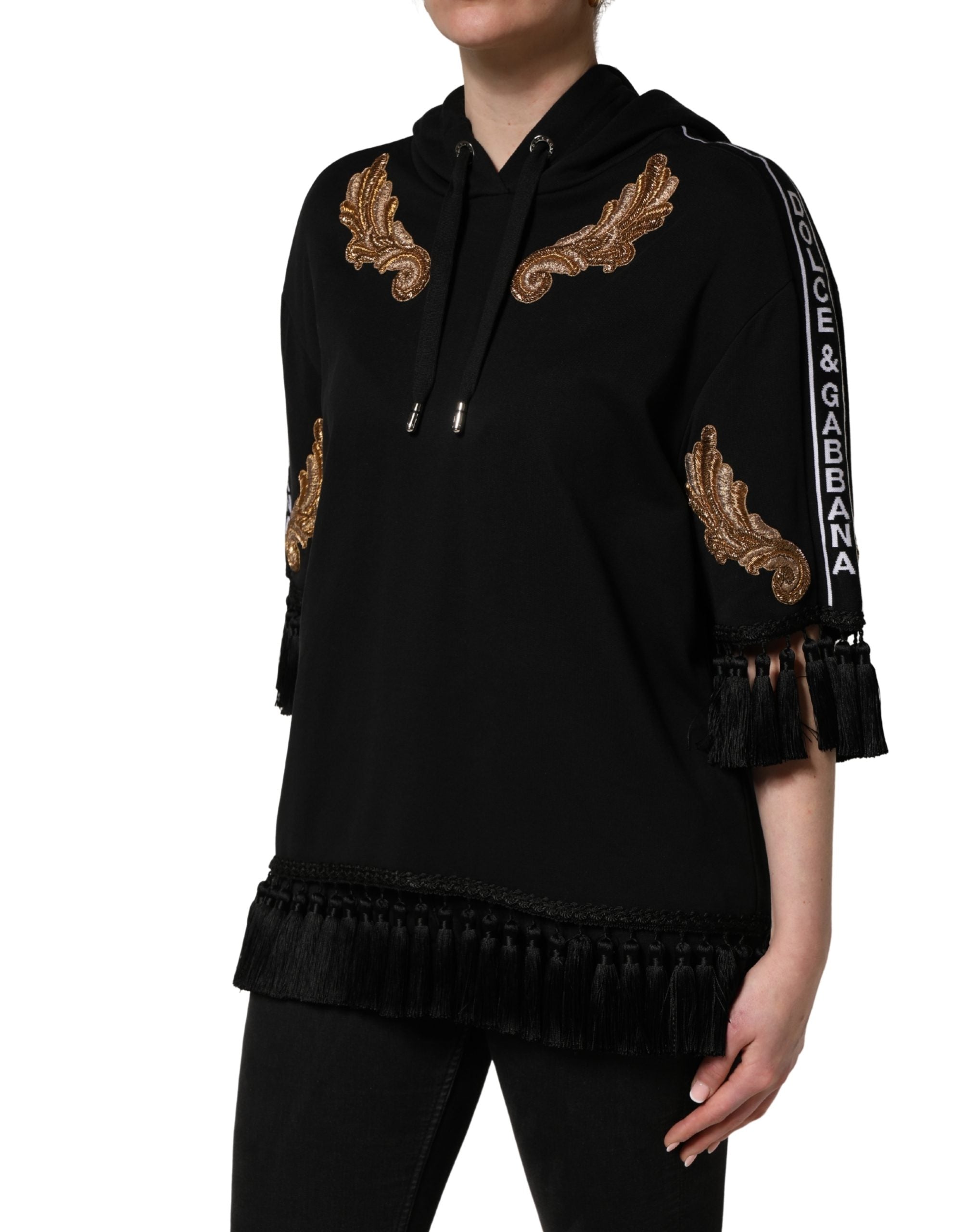 Dolce & Gabbana Black Embroidered Tassel Hooded Sweatshirt Sweater Dolce & Gabbana