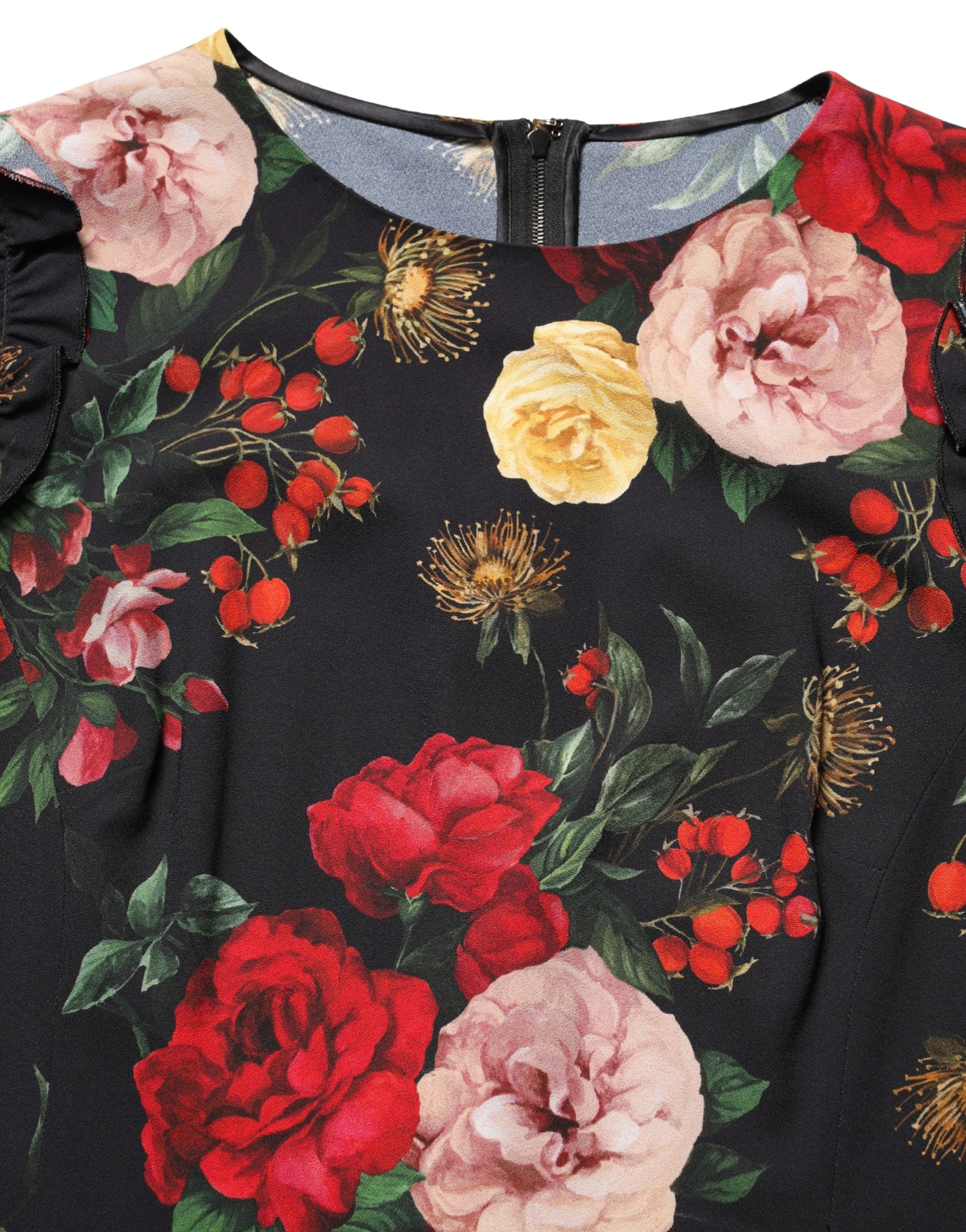 Dolce & Gabbana Black Floral Crepe Frill Detail Blouse Top Dolce & Gabbana