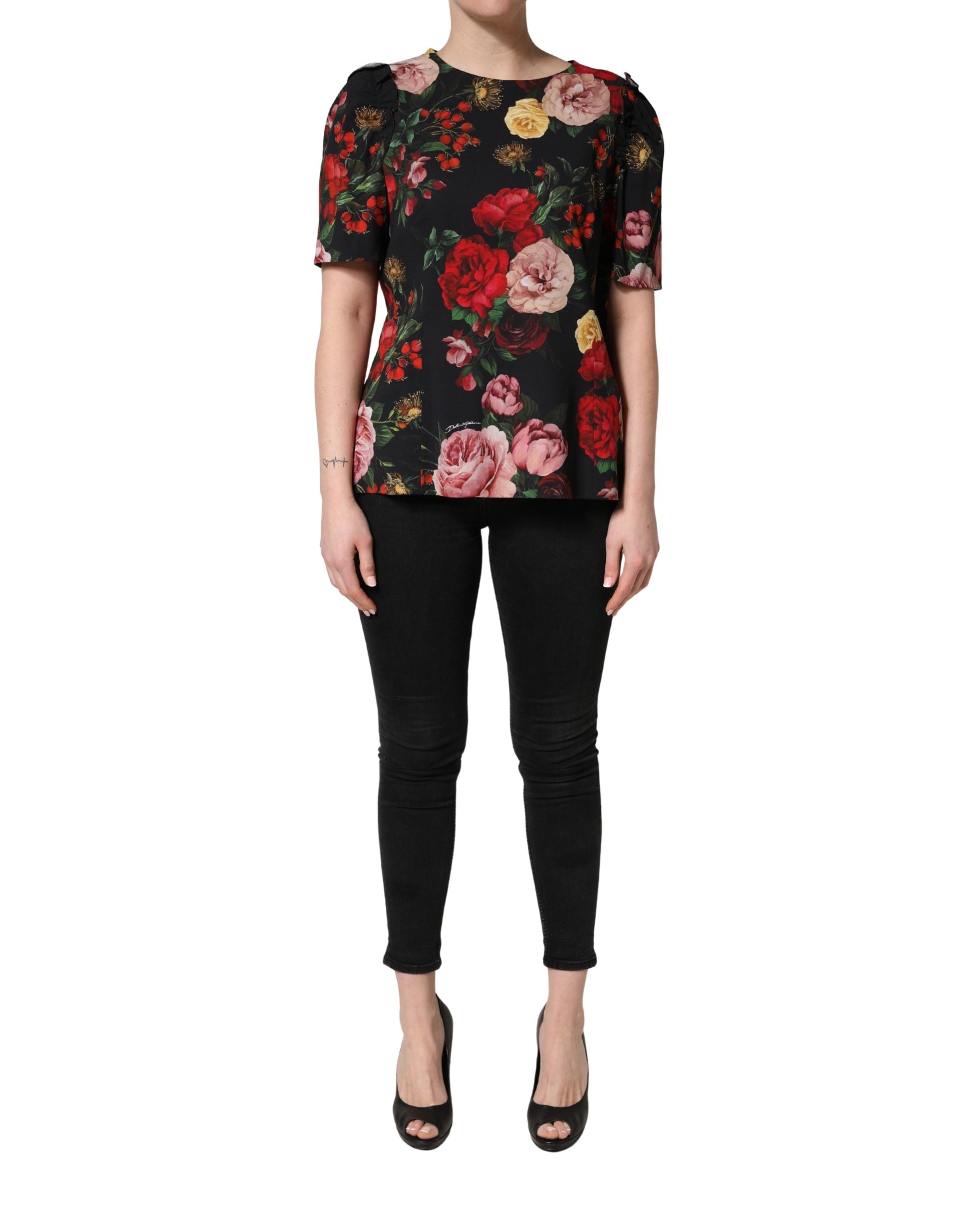Dolce & Gabbana Black Floral Crepe Frill Detail Blouse Top Dolce & Gabbana