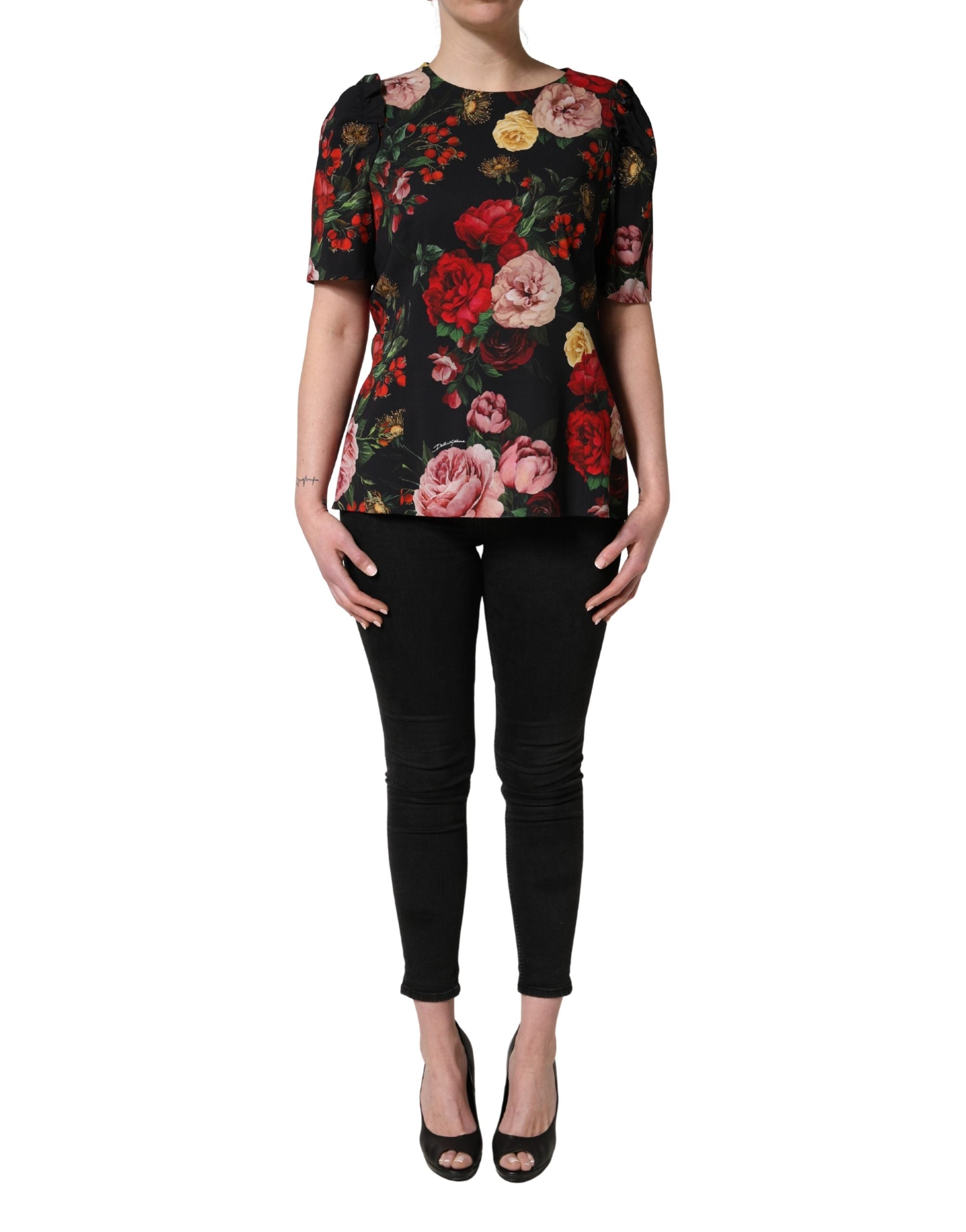 Dolce & Gabbana Black Floral Crepe Frill Detail Blouse Top Dolce & Gabbana